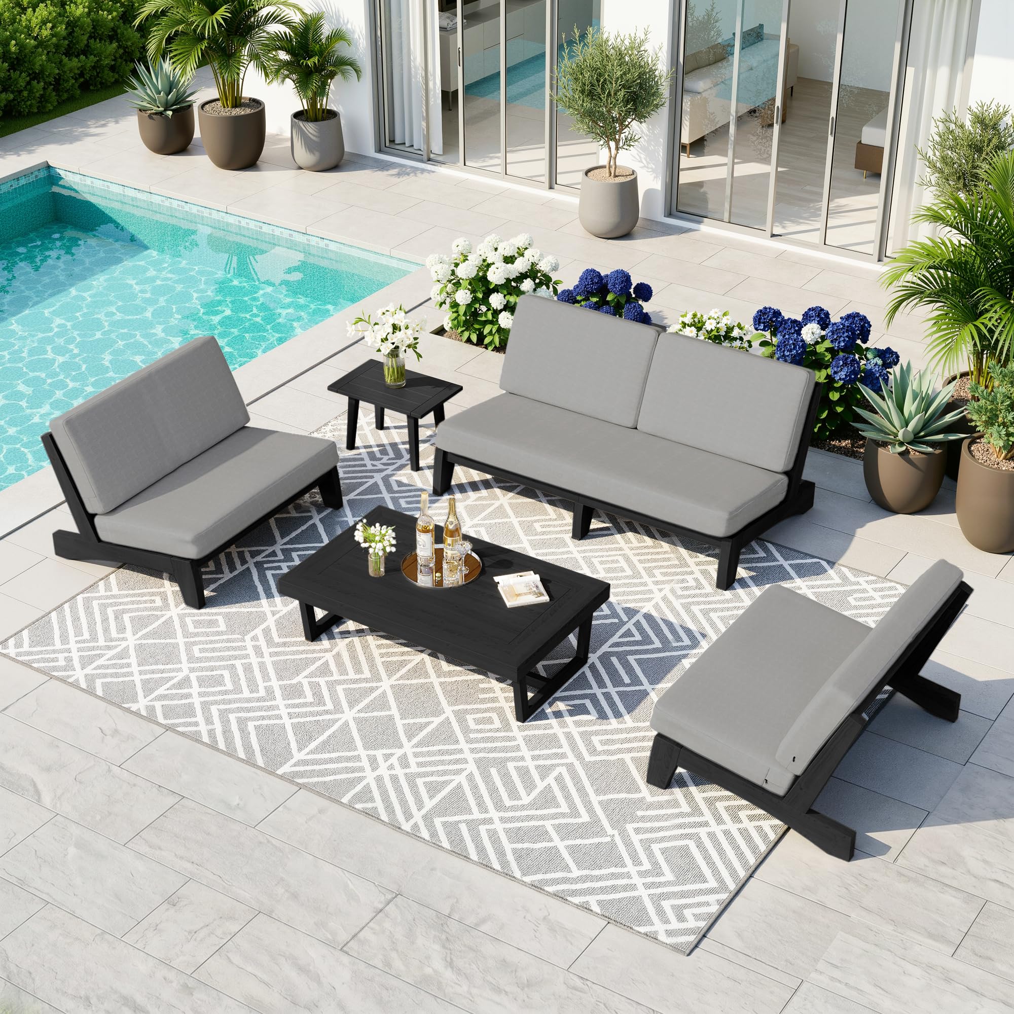 Pia Ricoo 5-Piece Patio Furniture Set, Outdoor Sofa with 2 Loveseat, 2 Chairs &amp; Coffee Table, All-Weather Conversation Set for Backyard/Deck/Lawn - Gray/Dark