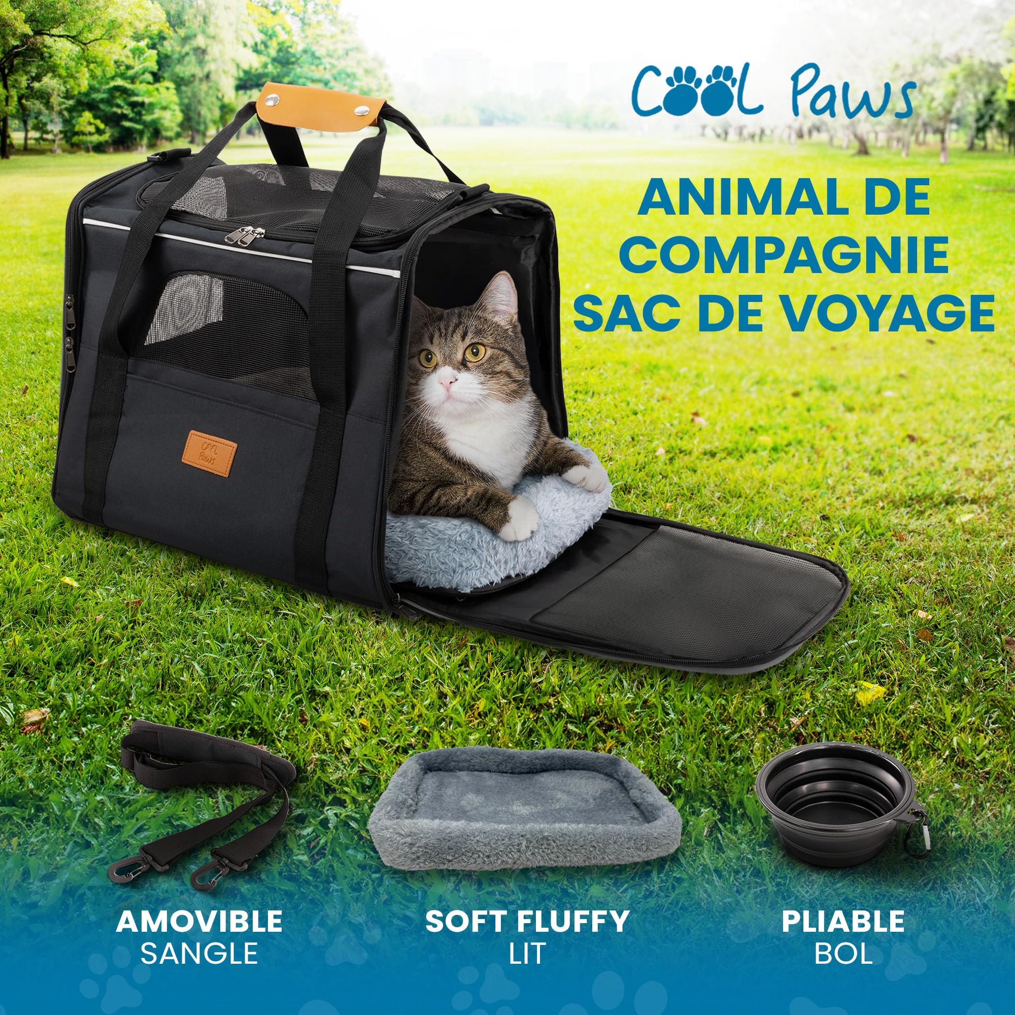 Sac de Transport pour Chats et Petits Chiens – Sac de Voyage léger et Respirant avec côtés en Maille, Cadre renforcé, Tapis Amovible et bandoulière pour Un Transport sécurisé des Animaux de