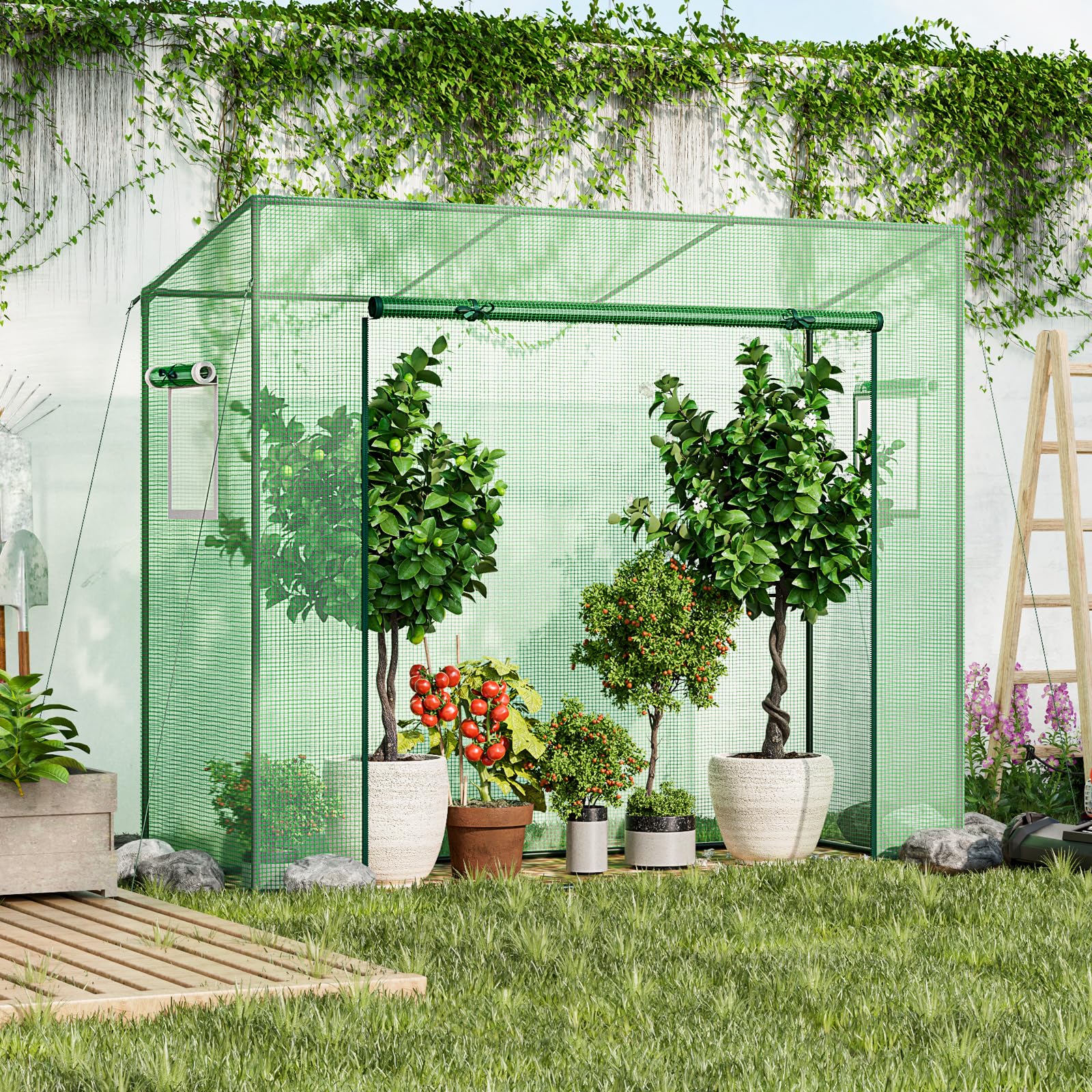 HOMASIS Invernadero Exterior, Invernadero de película con Puerta Enrollable y 2 Ventanas, Invernadero con Cubierta de PE, Invernadero con Estructura metálica para Plantas, 200x77x169cm, Verde