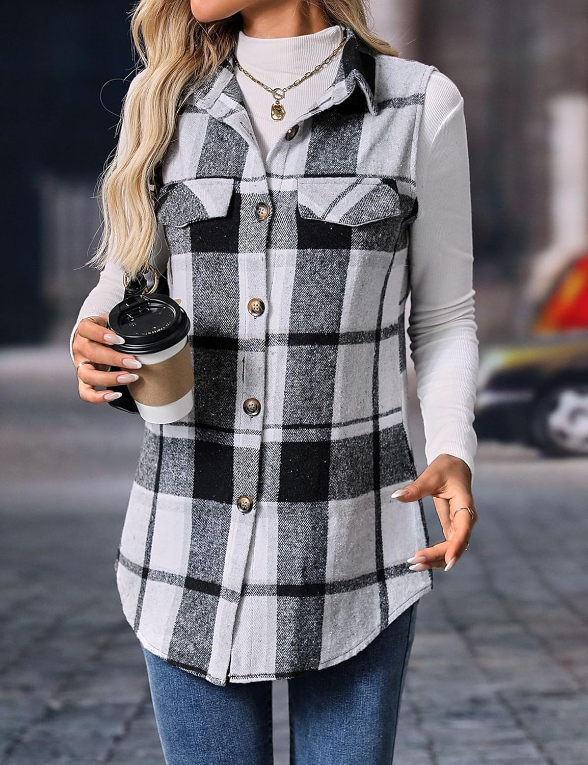 ZILIN Women's Flannel Plaid Vest Button Down Sleeveless Shacket Shirt Jacket - Image 6