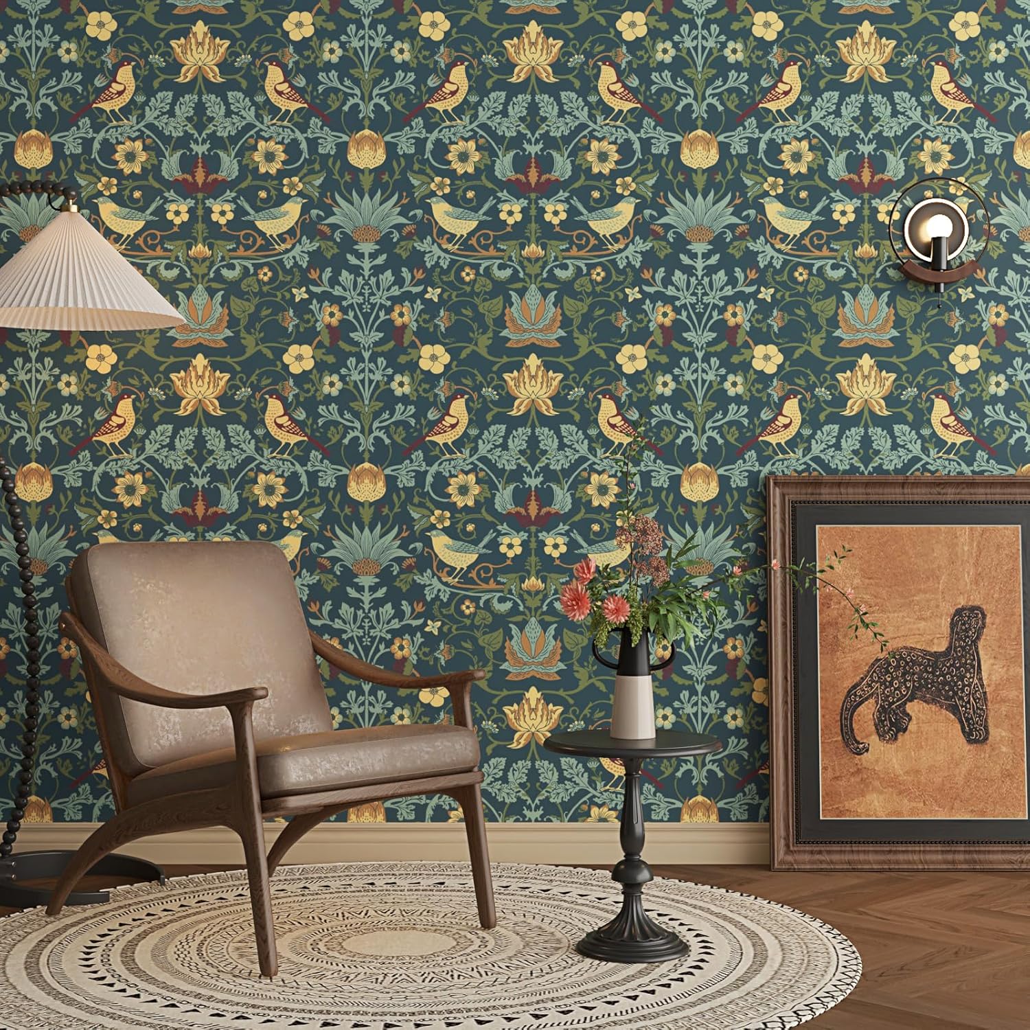 WESTICK Dark Green Floral Contact Paper Peel and Stick William Morris Wallpaper Boho Bird Vintage Wallpaper Self Adhesive Art Nouveau Botanical Wall Paper for Bedroom Living Room Cabinets 17.5"x102"