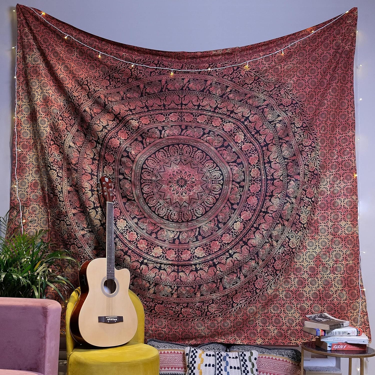 Craft Trade Mandala Elephant Tapestry Orange Wall Hanging Tapestry Boho Hippie Tapestries for Decor Living Room Yoga Meditation and Bedroom - 228x274 cm