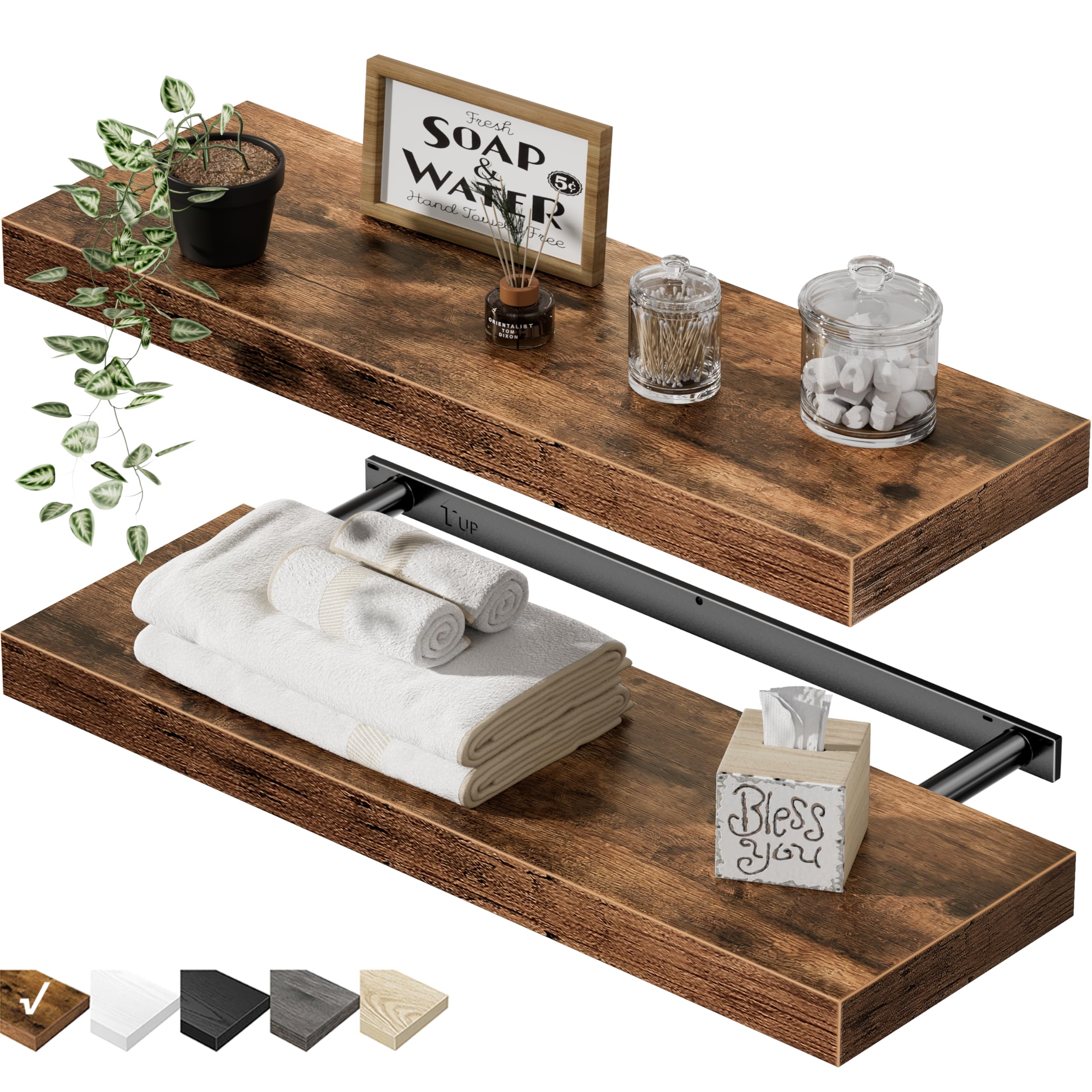 QEEIG Bathroom Floating Shelves for Wall - 15.7" Wall Mounted Shelf Over Toilet Farmhouse Home Decor Display Bookshelf Small 15.7 x 6.7 inch Set of 2, Rustic Brown (008-40BN)