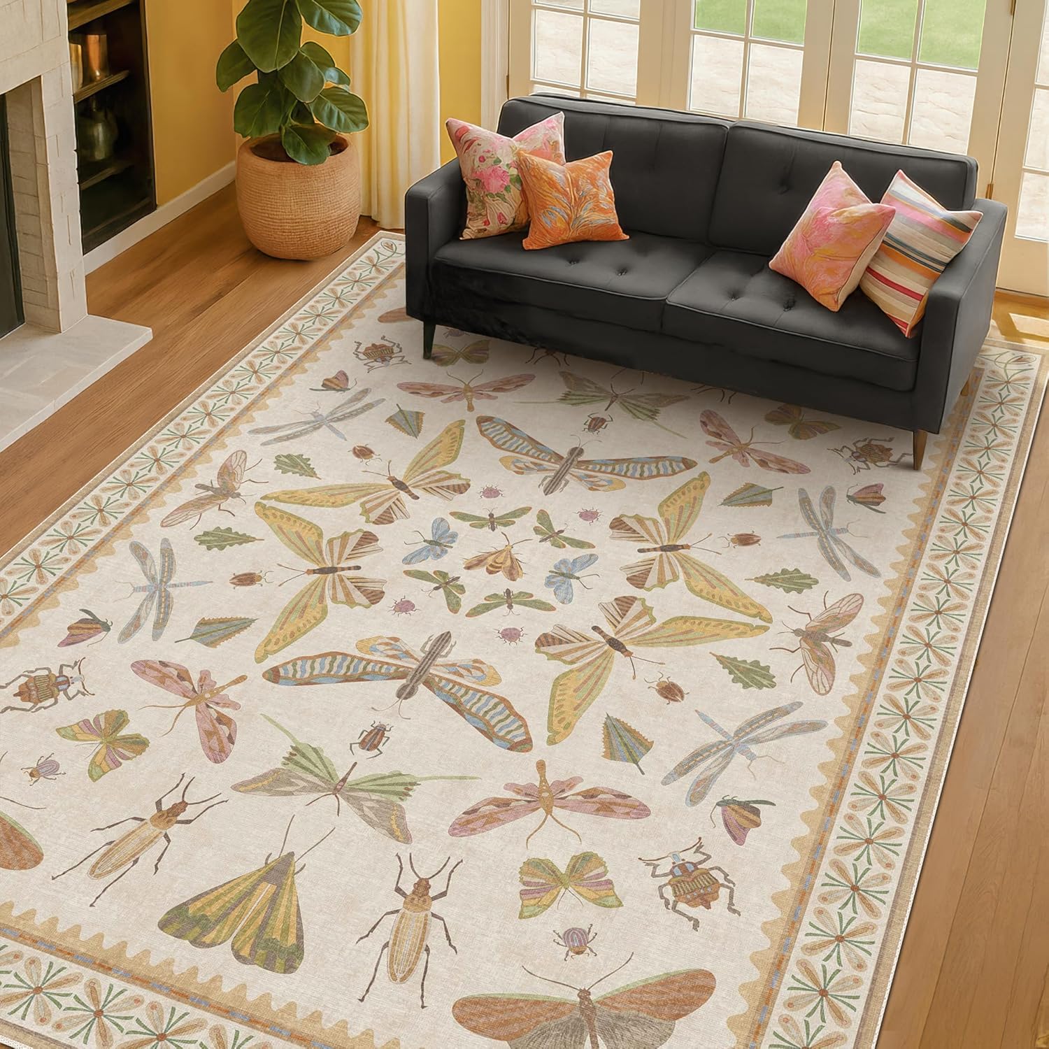 Washable Neutral Area Rug Living Room, Washable Rugs for Bedroom Under Bed, Nursery Room, Boho Vintage Insect Butterfly Non-Slip Low Pile Stain Resistant - Beige/Yellow Rectangular) Beige / Multi
