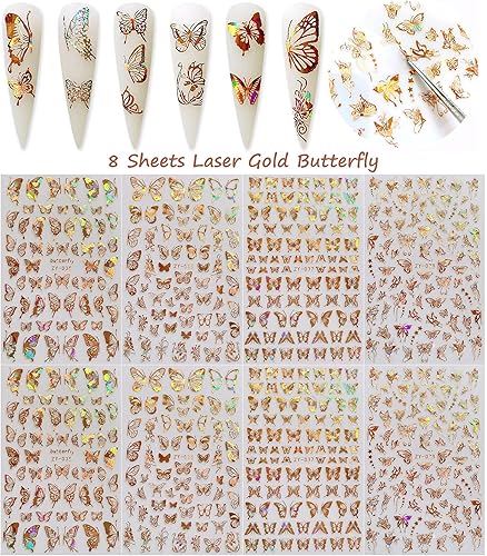 Miniatura 2 de Calcomanías de uñas de mariposa dorada 3D de lujo, diseños cortados con láser, hojas adhesivas para decoración de uñas (8 unidades)