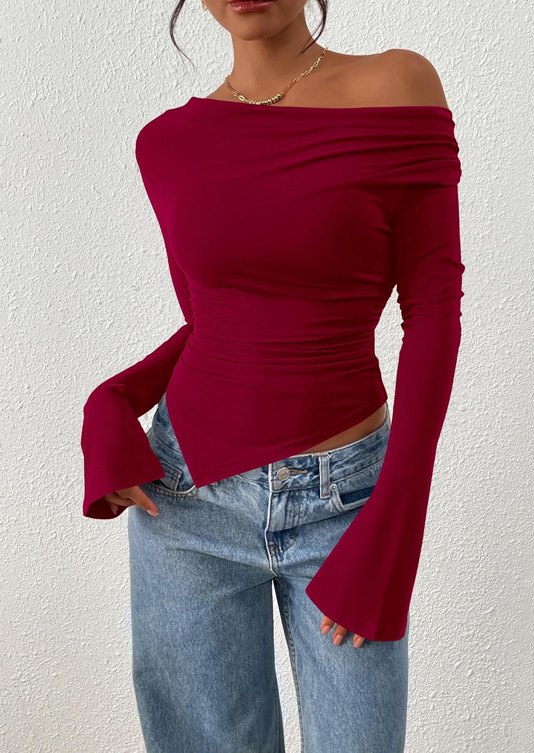 PRETTYGARDEN Womens Bell Long Sleeve Shirts Casual Cowl Neck Asymmetrical Slim Fit Crop Tops Y2K Going Out Spring Clothes - Image 6