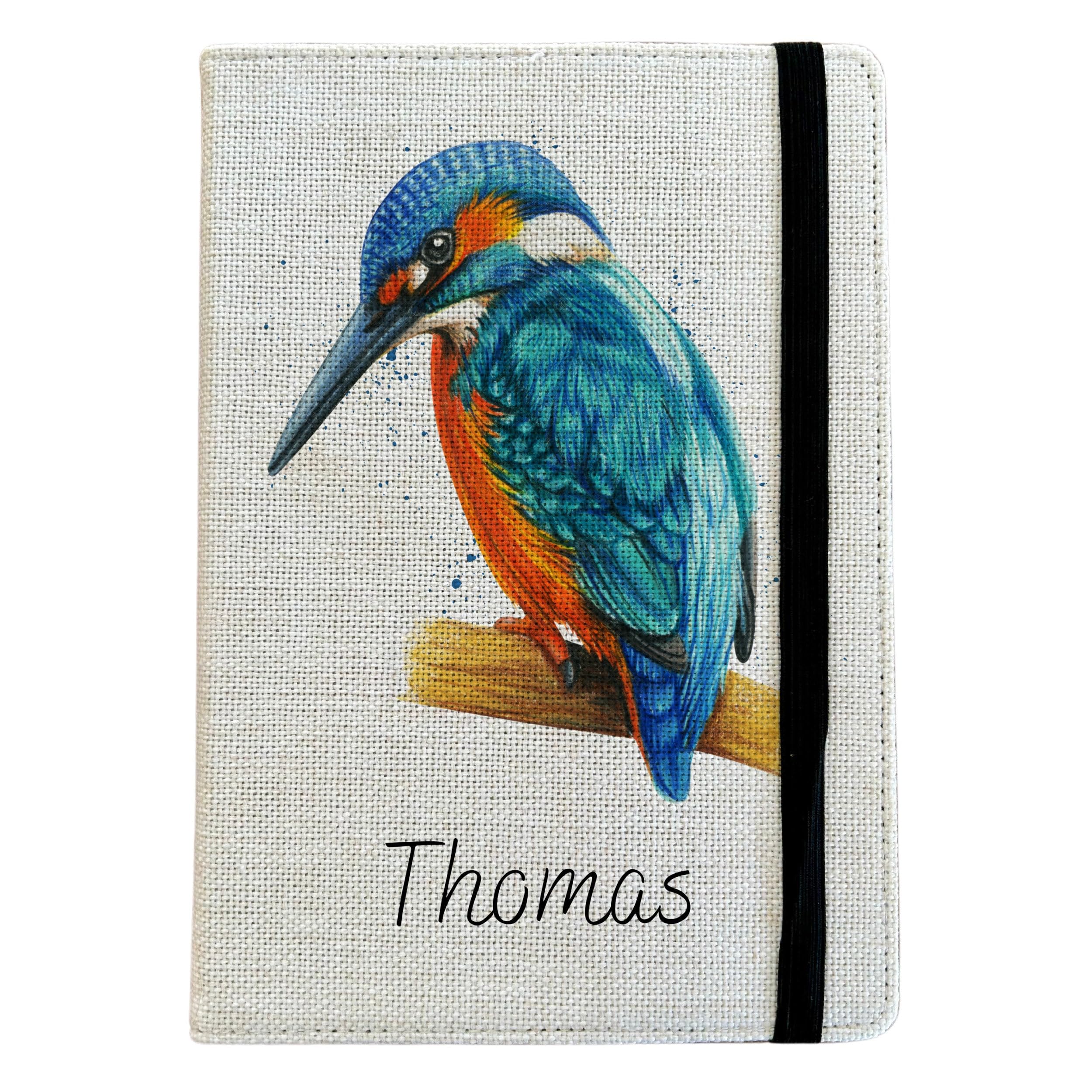 Personalised Bird Watching A5 Notebook - Custom Wildlife Lined Journal - Reusable Kingfisher Notebook Cover - Linen Hardback Journal Cover
