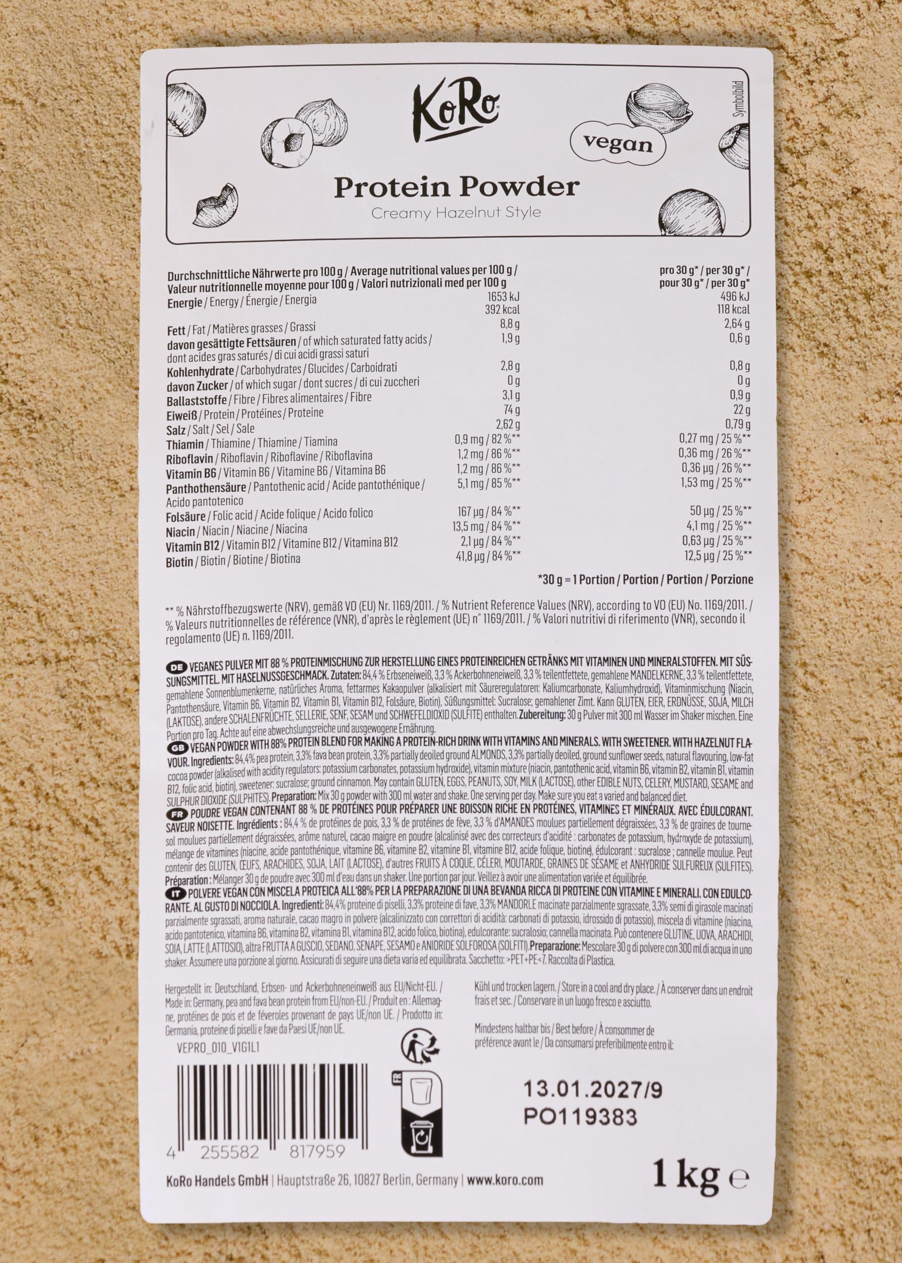 KoRo - Protéine en poudre vegan à la noisette 1 kg - 22,8 g de protéines par portion - Sans soja - Texture crémeuse et facile à mélanger