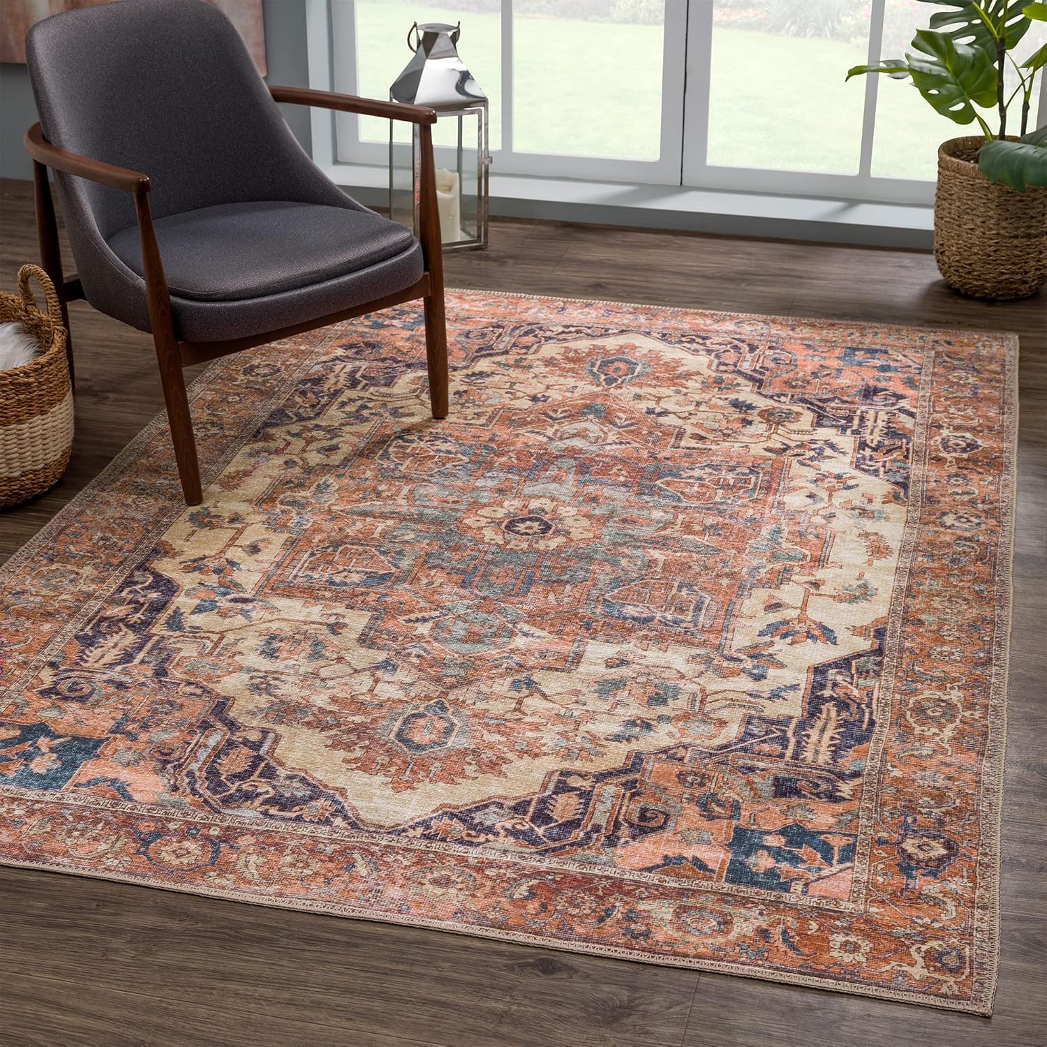 Tapis de chambre lavable grand salon bleu marron 200 x 250 cm