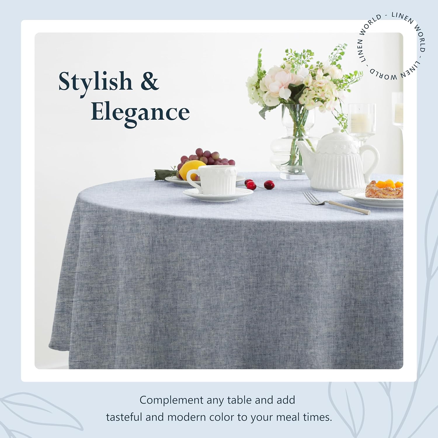 Linen World Yarn-Dyed Linen Tablecloth Round 90inch, Denim Look Table Cover, 100% French Linen Chambray Blue, Soft & Breathable Natural Flax, Washed Table Cloth for Dining & Everyday Use