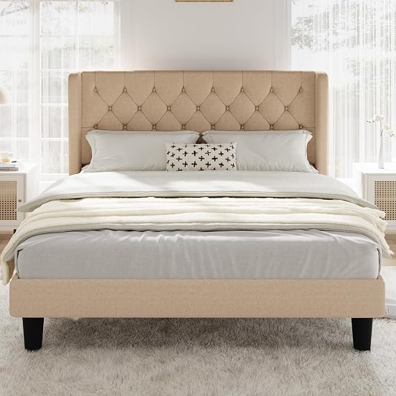 Allewie Full Size Bed Frame with Button Tufted Wingback Headboard, Modern Upholstered Bed Frame with Solid Wooden Slats Support - No Box Spring Needed, Easy Assembly, Beige