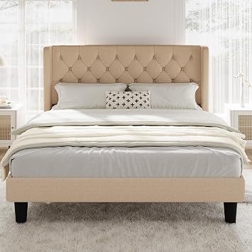 Allewie Full Size Bed Frame with Button Tufted Wingback Headboard, Modern Upholstered Bed Frame with Solid Wooden Slats Support - No Box Spring Needed, Easy Assembly, Beige