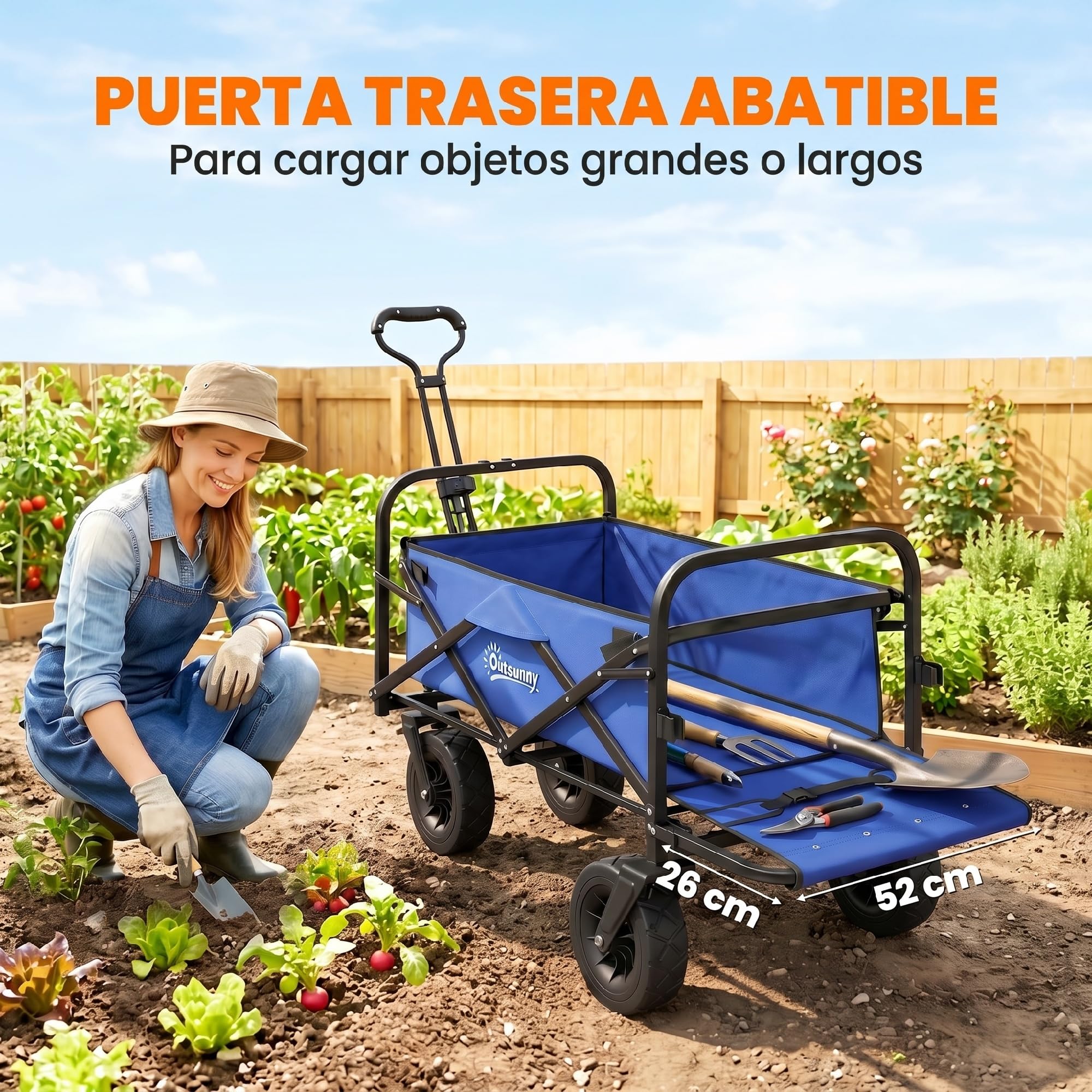 Outsunny Carro de Jardín Carro para Playa Plegable 100 kg Azul Oscuro | Longitud y Ángulo del Mango Ajustables, Puerta Trasera, Bolsa de Transporte, para Compra