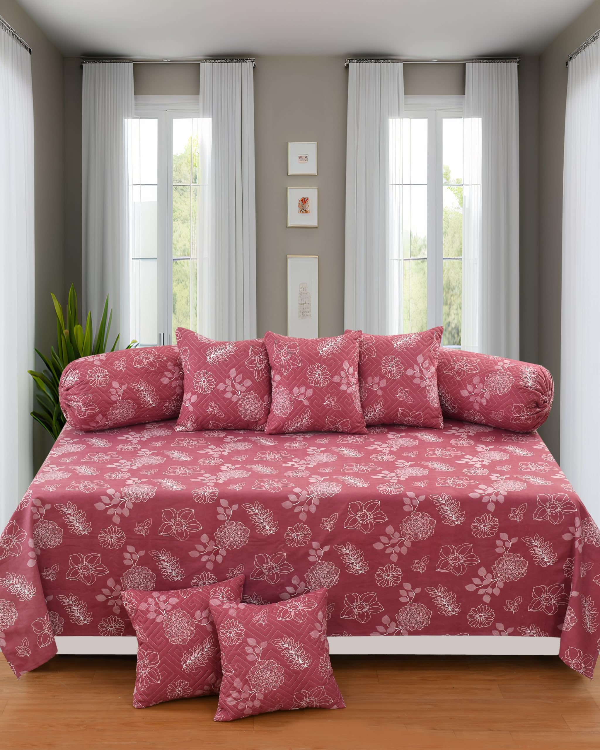 JBTC Embroidery/Quilted Diwan Set, 8 Pieces with 1 Single bedsheet,2 Embroidery Bolster Covers,5 Embroidery Cushion Covers/Embroidered Design diwan Set/Embroidery Set of 1+2+5 (Maroon)-image-14