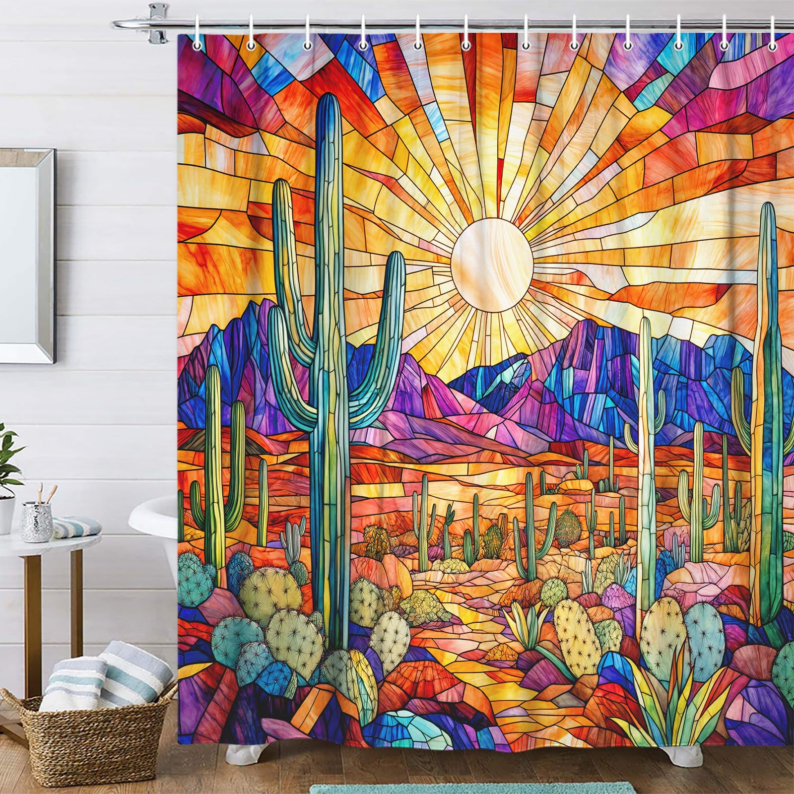 Stained Glass Western Shower Curtain, Boho Southwestern Desert Cactus Landscape Fabric Shower Curtains Set for Bathroom Decorative, Colorful Vintage Restroom Decor Accessories with 12PCS Hooks 70X70