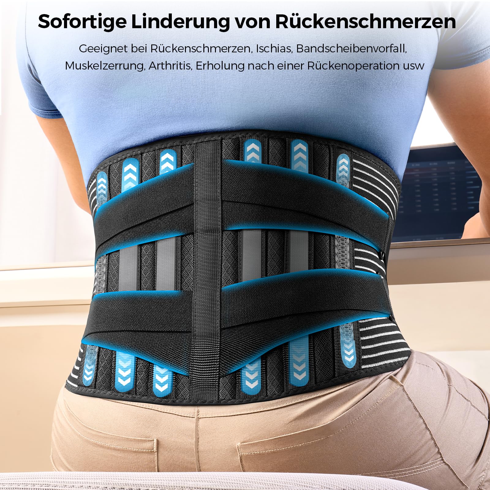 FREETOO Rückenstützgürtel Orthopädisch LWS, Atmungsaktive Rückenbandage Lendenwirbelsäule Herren Damen für Arbeit Sport, Rückengurt Rückenschmerzen für Ischias, Bandscheibenvorfall, Skoliose