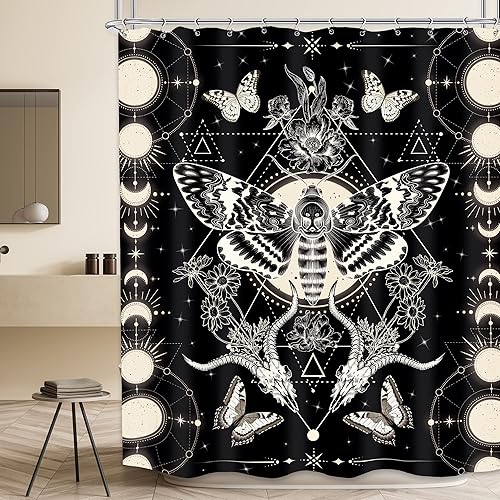 MESHELLY Cortina de ducha de polilla de 60 pulgadas de ancho x 72 pulgadas de alto, cortina vintage de mariposa gótica bruja, cortina de fase lunar