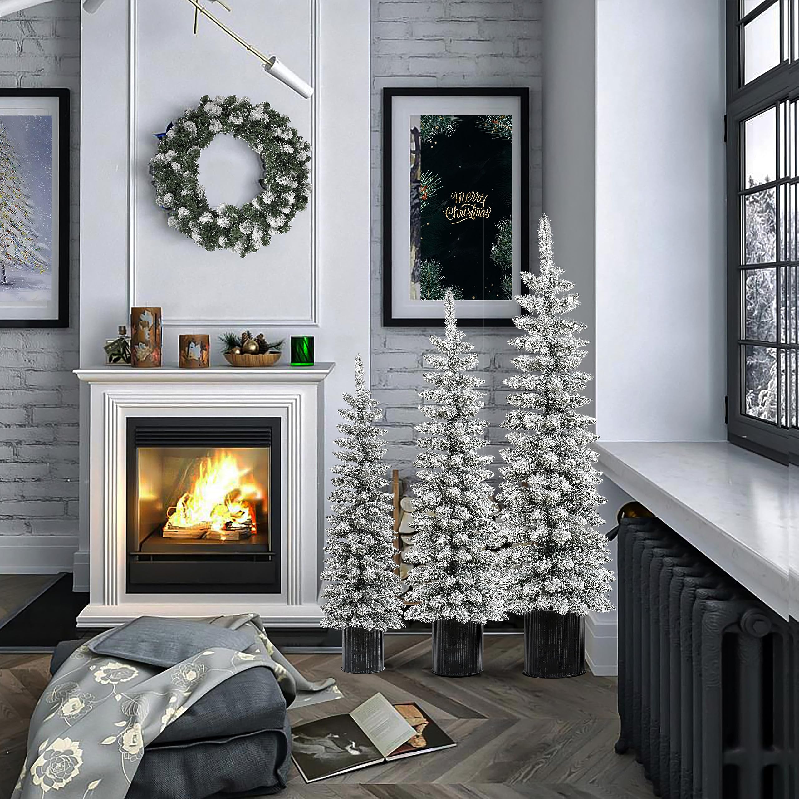 LuxenHome 3er Set Weihnachtsbäume, unbeleuchtete schneebeflockte Weihnachtsbäume mit Metalltöpfen, 3 Stück künstlicher Weihnachtsbaum Holiday Dector Indoor Xmas Decor, Kleiner Bleistift Weihnachtsbaum