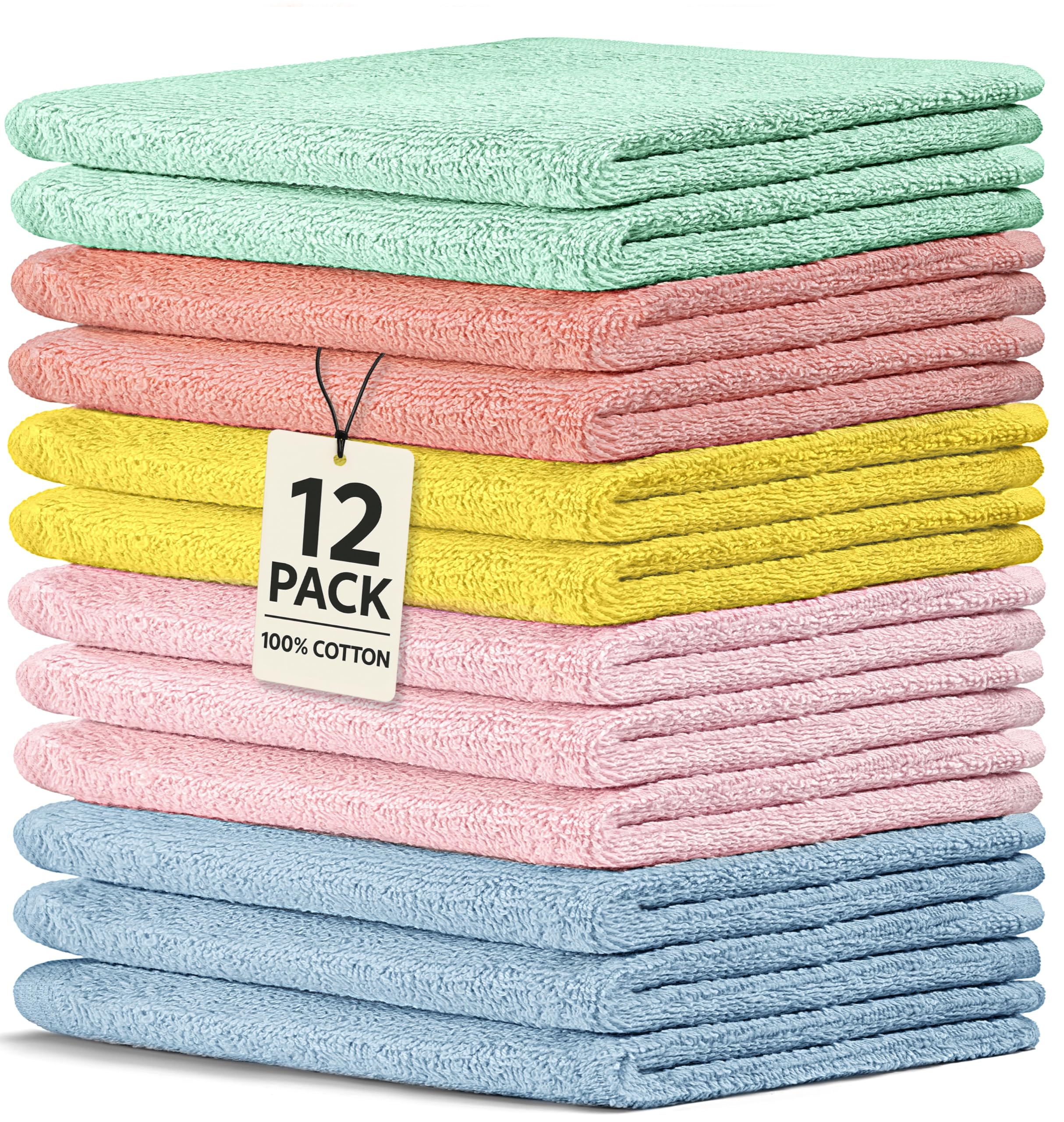 Crystal Ridge Cotton Wash Cloths 12 Pack - Washcloths for Showering, Face and Body, Soft and Highly Absorbent Multipurpose Towels for Bathroom,