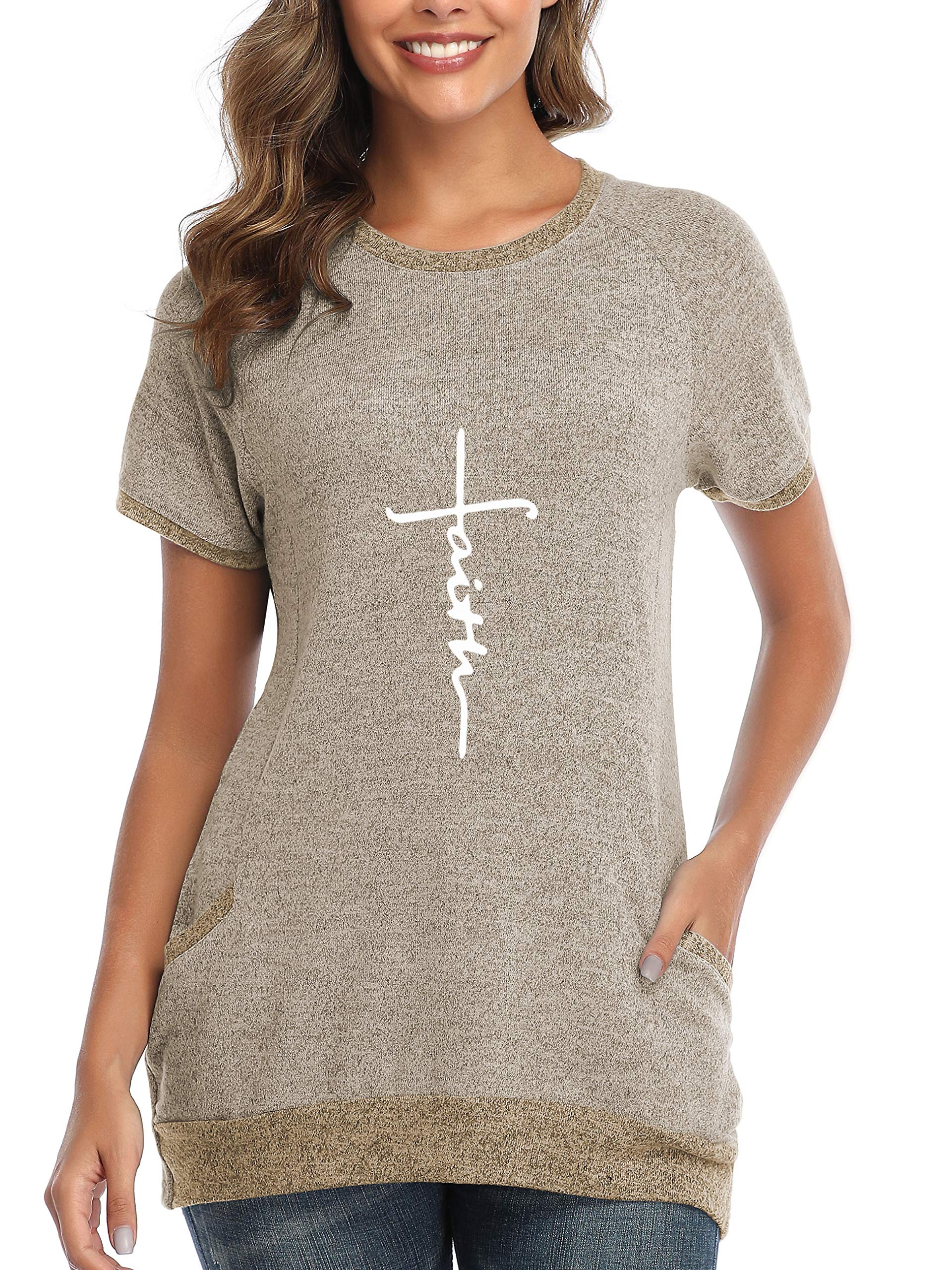 AELSON Womens Faith Letter Printed Top Blouse Color Block Crewneck Loose Pullover Sweatshirts with Pocket