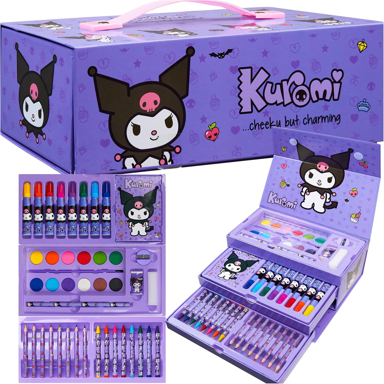 Hello Kitty Sanrio Kuromi Painting Art Supplies for Kids, Colored Pencils, Markers, Crayons, Kawaii Drawing Kit, Stationary, Art Kit, Gifts for Girls (Purple Kuromi 3 Tier)