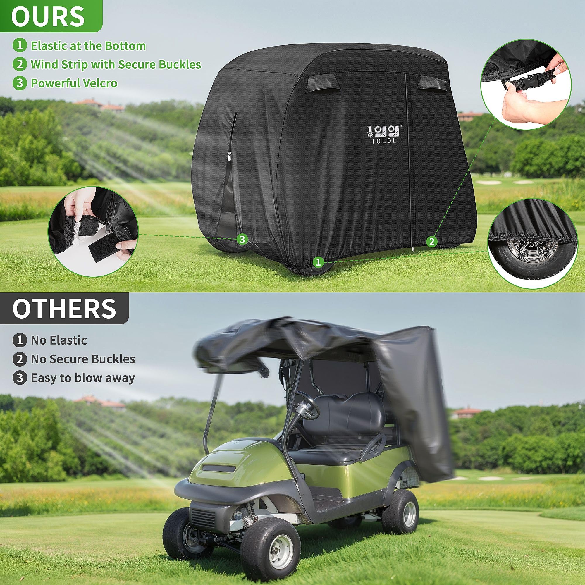 10L0L Copertura per Passeggino da Golf per 4 passeggeri, Adatta per EZGO, Club Car, Yamaha, Impermeabile 400D, Antivento, Resistente al Sole, per Esterni, per Tutte Le Stagioni, in Poliestere,