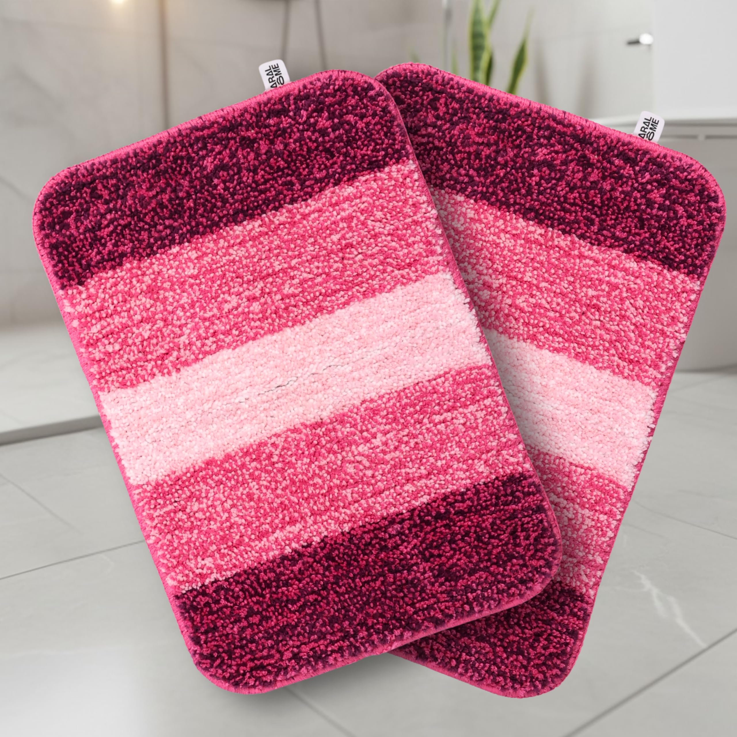 Saral Home Microfiber Striped Anti-Skid Bath Mats, 35x50 CM | Pack of 2 (Pink)