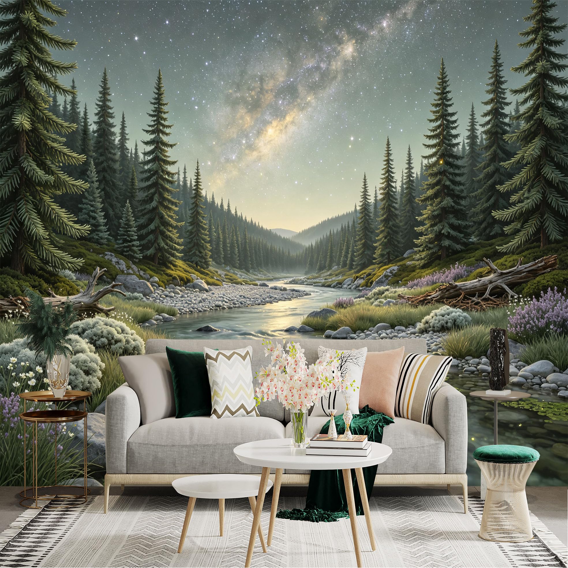 Lnzczhyre Bh260719285 Custom Size Wall Sticker Mural， Serene River Landscape， Coniferous Forest Scenery， Milky Way Night Sky， Tranquil Nature View， For Wall Decoration， Peelandstick Wall Decals.