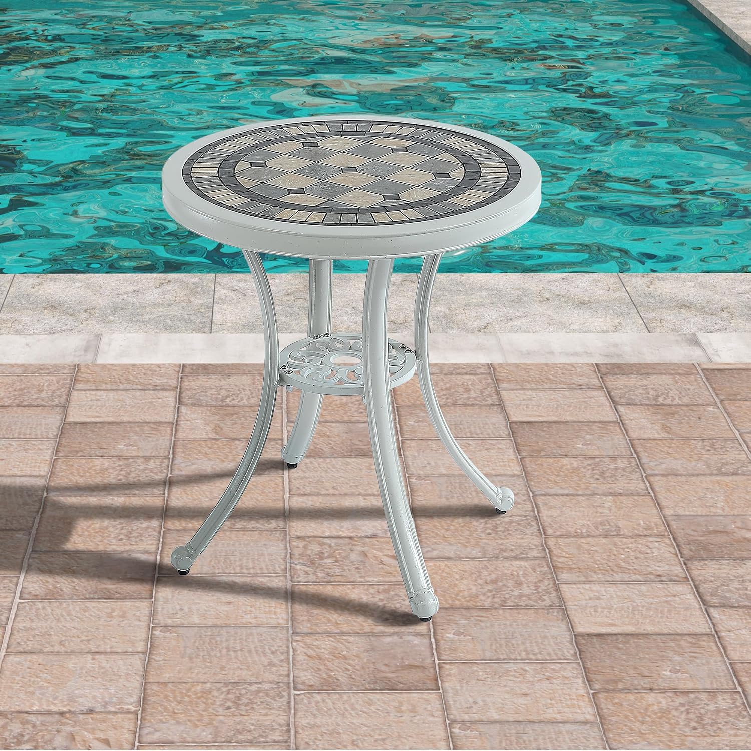 Clihome Round Outdoor Side Table Cast Aluminum Patio Dining Table with Ceramic Desktop Bistro Table for Balcony, Porch, Backyard, Garden(White) A