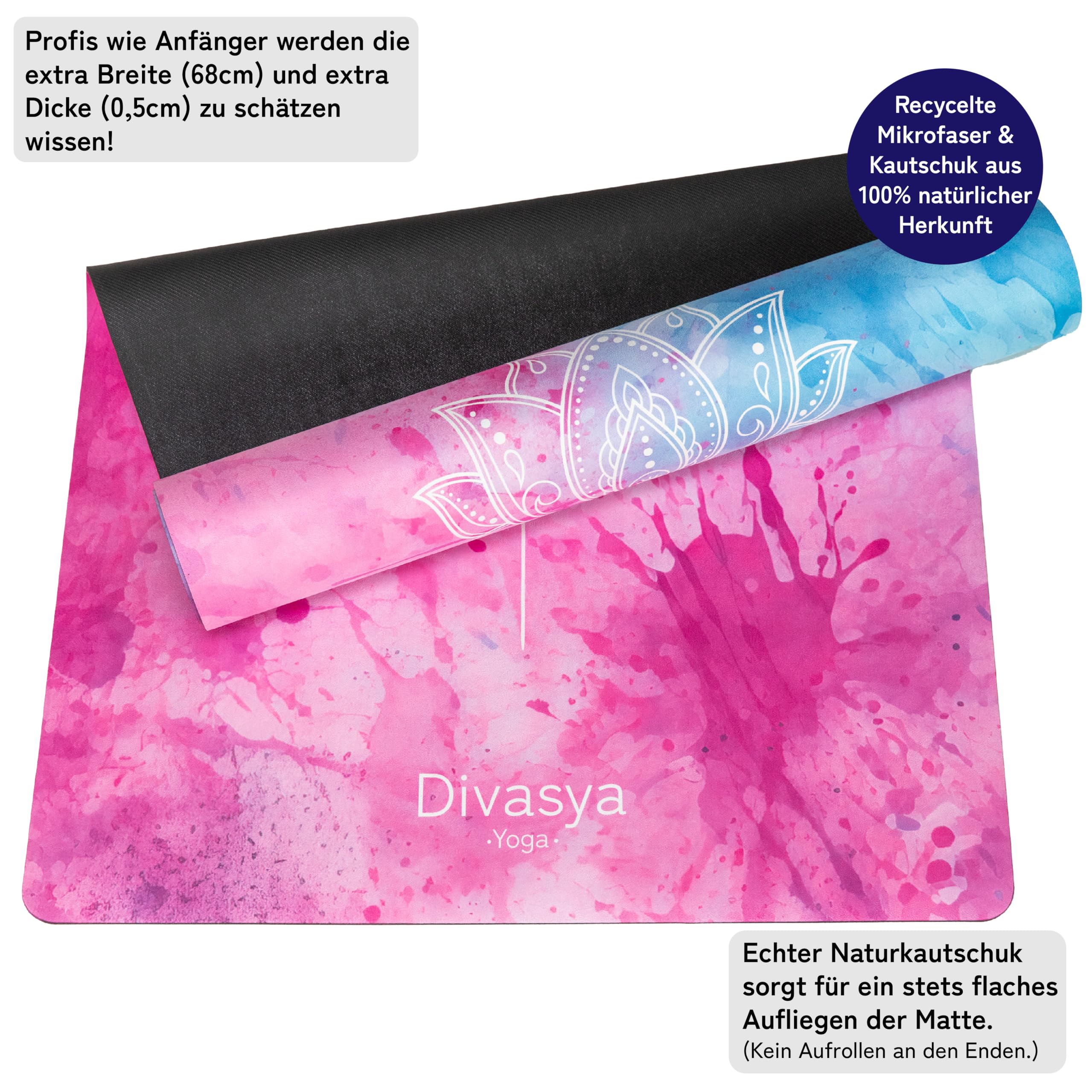 Premium Yogamatte: echter Naturkautschuk rutschfest & weiche rutschfeste Mikrofaser, extra-breit, extra-dick (183x68x0,5cm), Tragegurt & Strap, auch Pilates-Matte