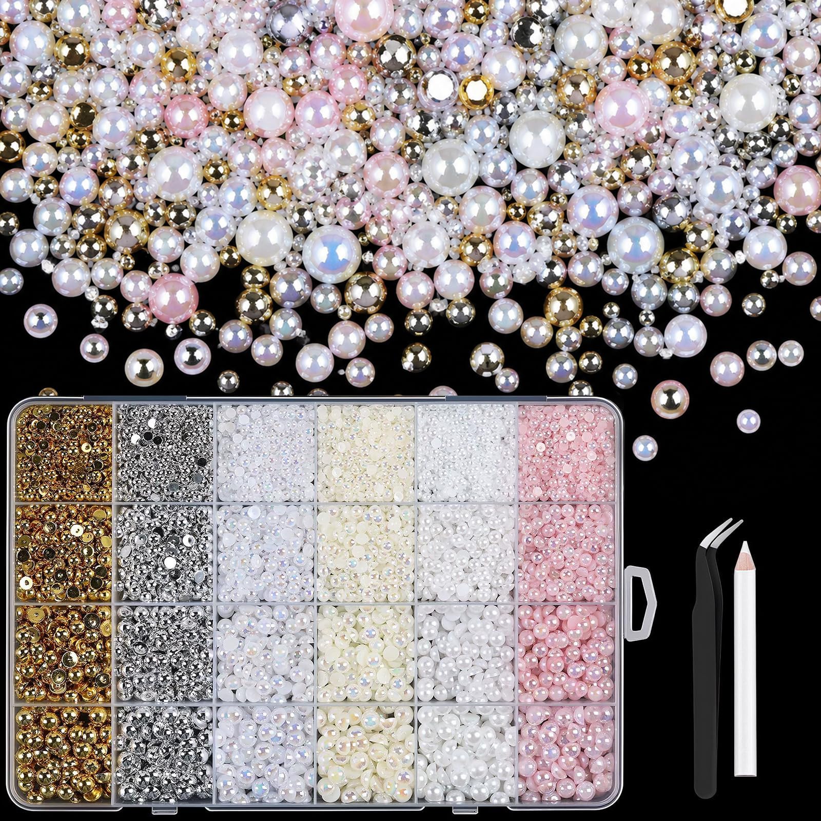 Pqrsde 10000Pcs Flatback Pearls for Bedazzling Kit Pink Nail Pearls for Crafting Nail Art Pearl for Bedazzling 3-8mm Half Pearl Bead for for Crafting with Jewelry Pen and Tweezers