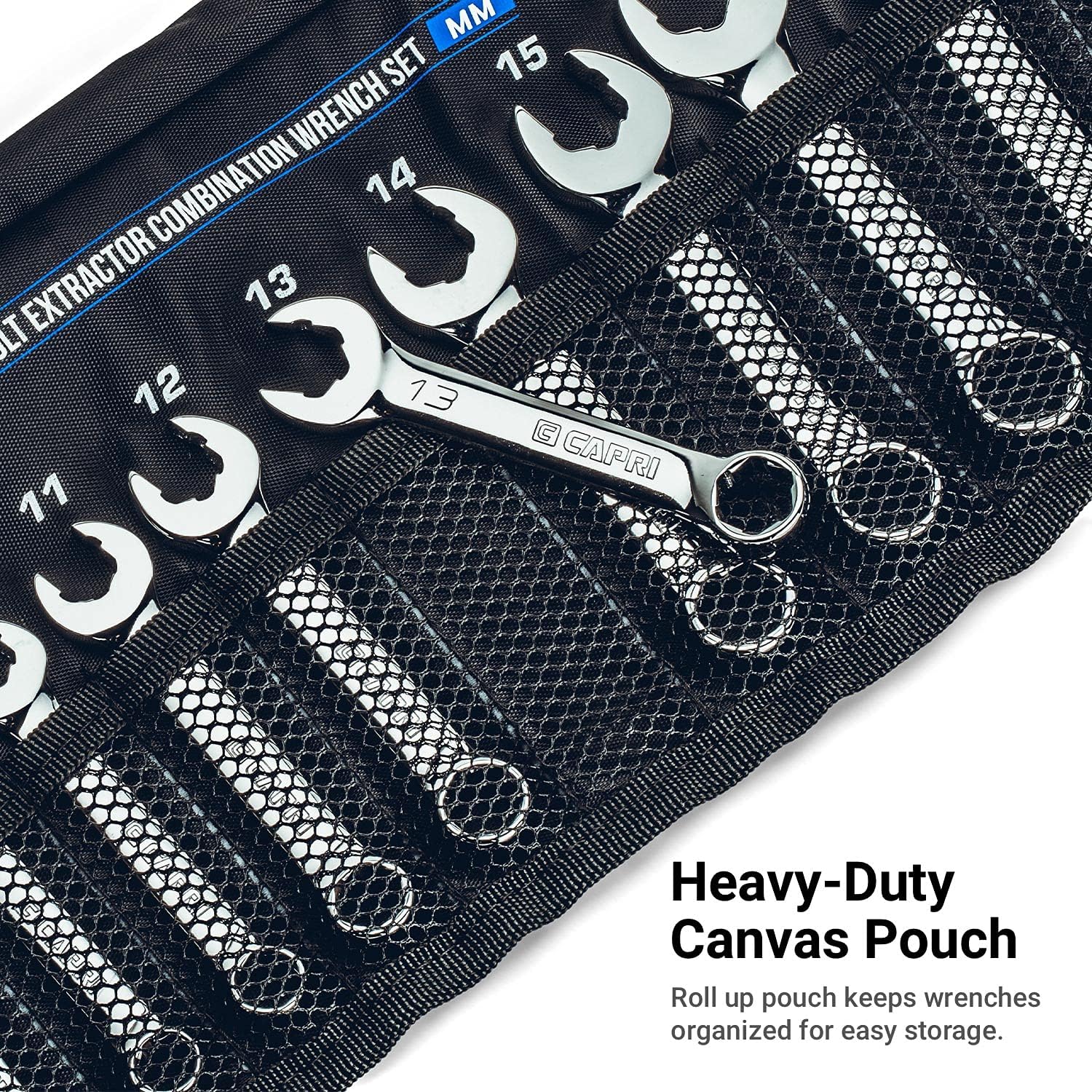 Capri Tools XT90 WaveDrive Pro Combination Wrench Set for Regular and Rounded Bolts (8-Piece SAE (Stubby) / Roll-up Pouch)