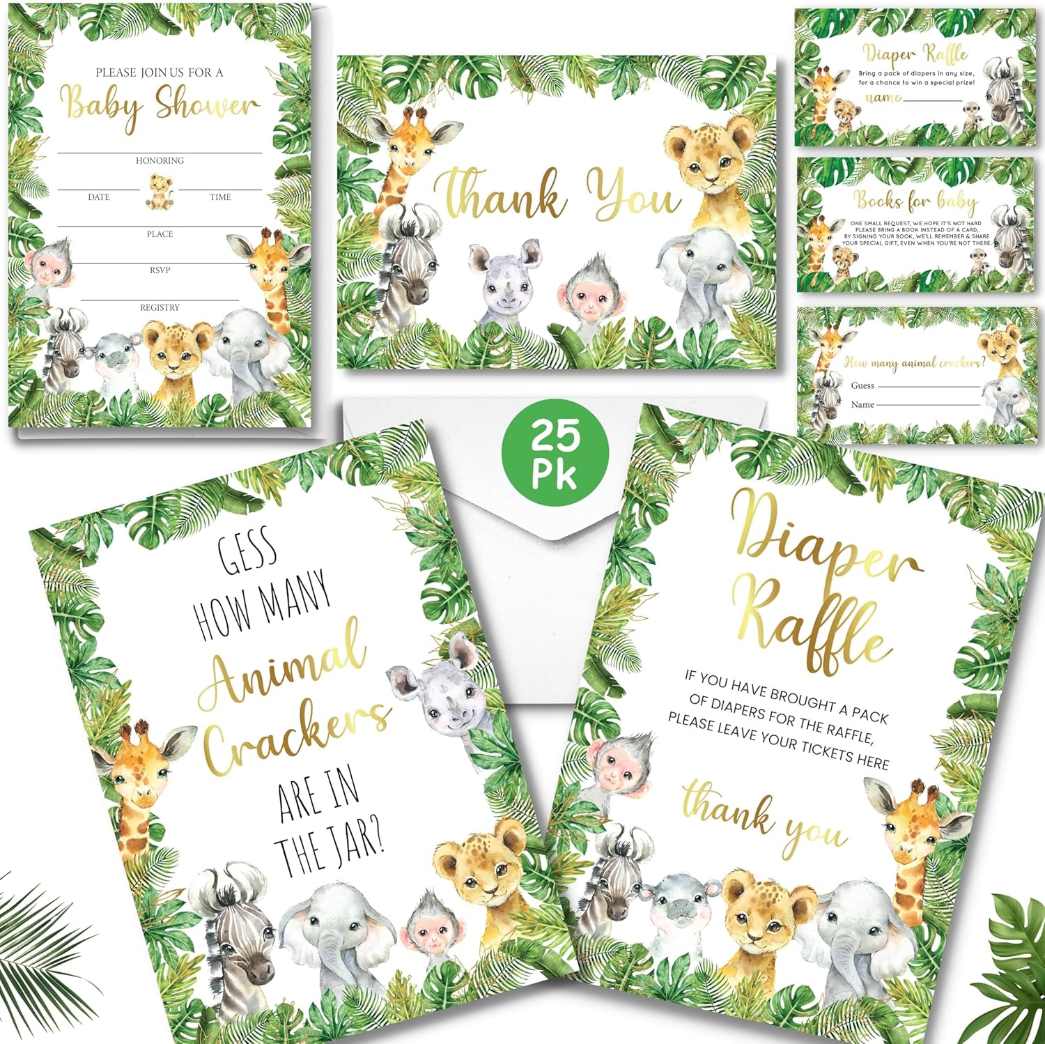 153 Pc Woodland Baby Shower Invitations For Boy And Girl With Envelopes, Baby Thank You Cards, Book Request Cards, Diaper Raffle Box With Ticket & Sign, Guess How Many Baby Shower Game -25 Guest Set