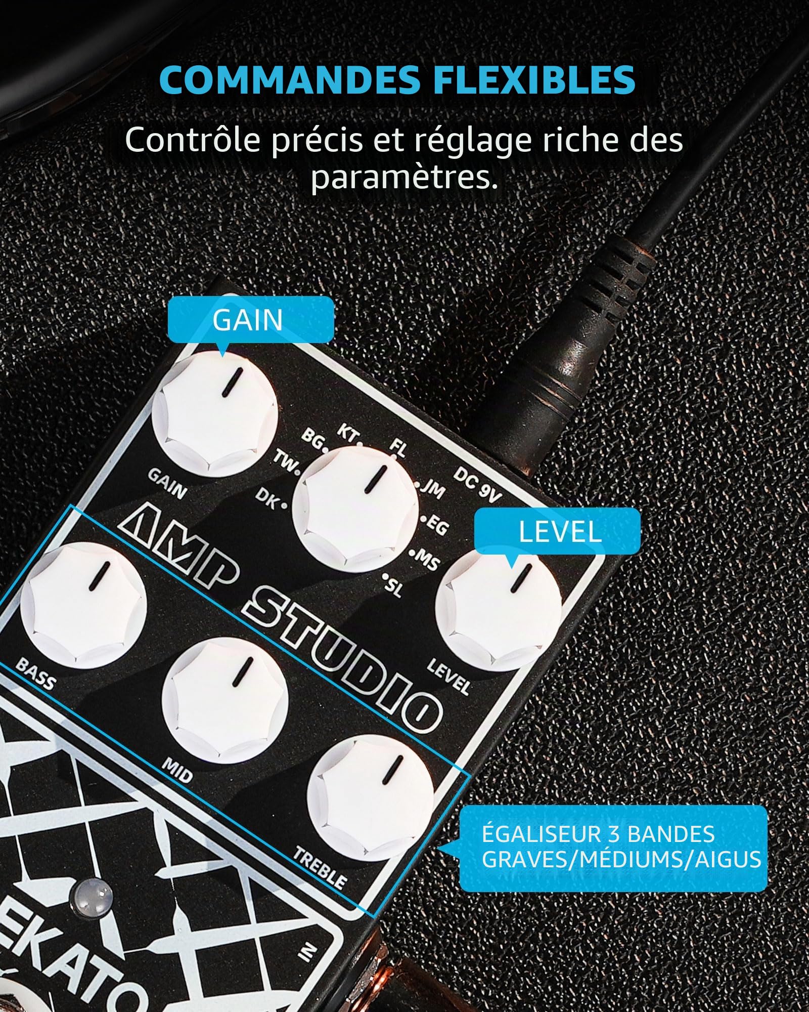 LEKATO Pédale d'effets de préampli numérique pour guitare électrique 9 modèles de préampli avec égaliseur à 3 bandes