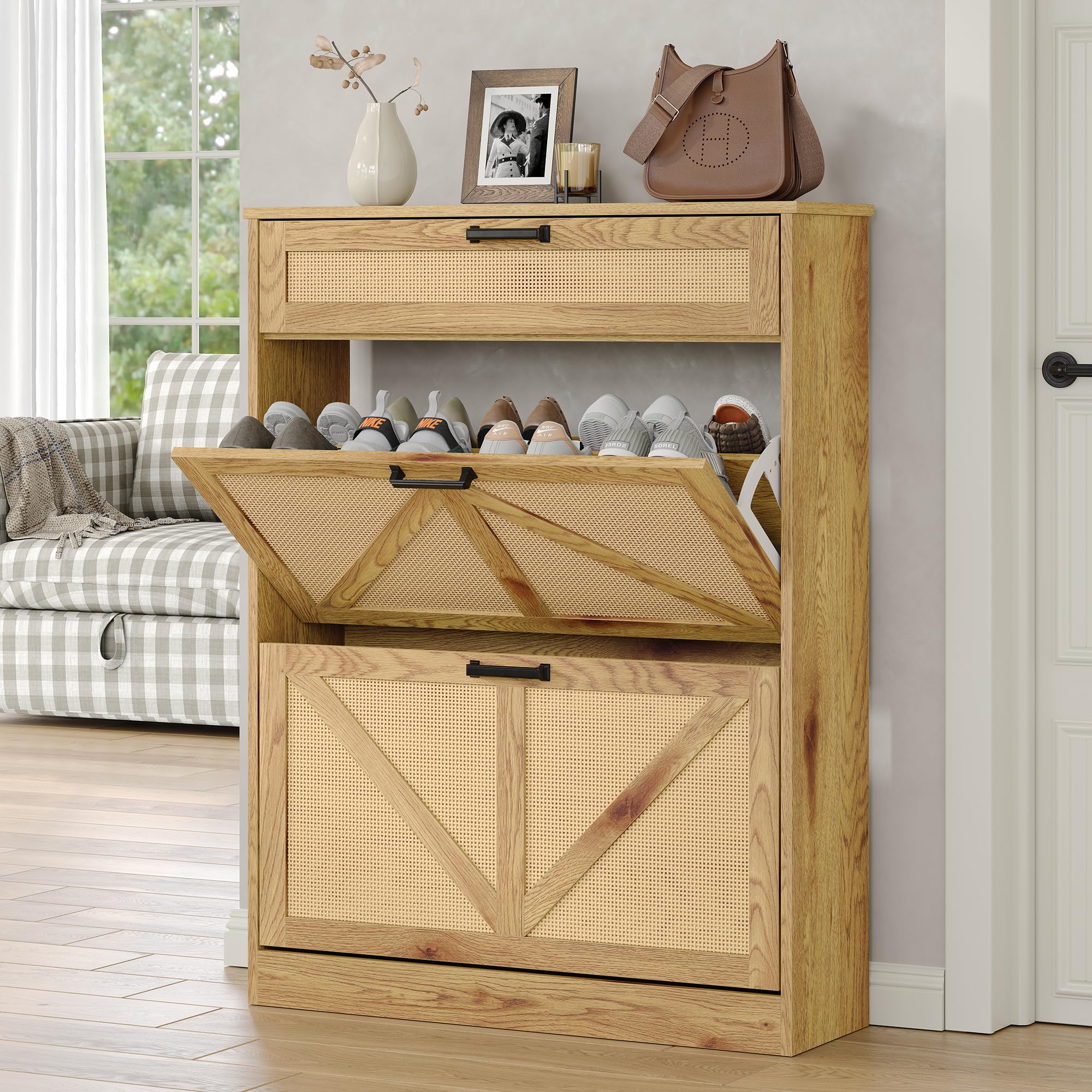 Wooden Shoe Storage Cabinet with 2 Rattan Flip Drawers, Farmhouse Freestanding Organizer for Hallway, Entryway, Foyer, Narrow Shoe Rack Cabinet, Rustic Oak Rattan