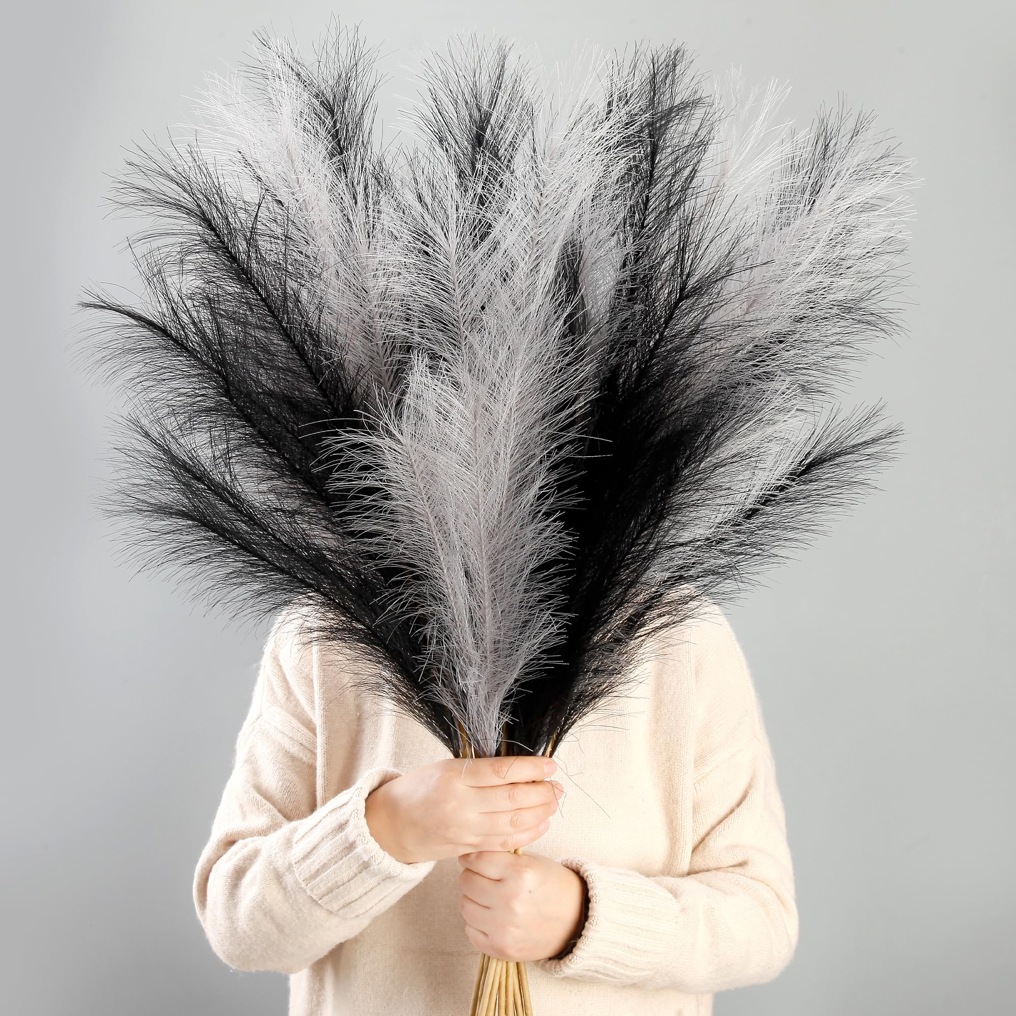 Acfruits 12 Pcs 38 inch Black Gray Faux Pampas Grass