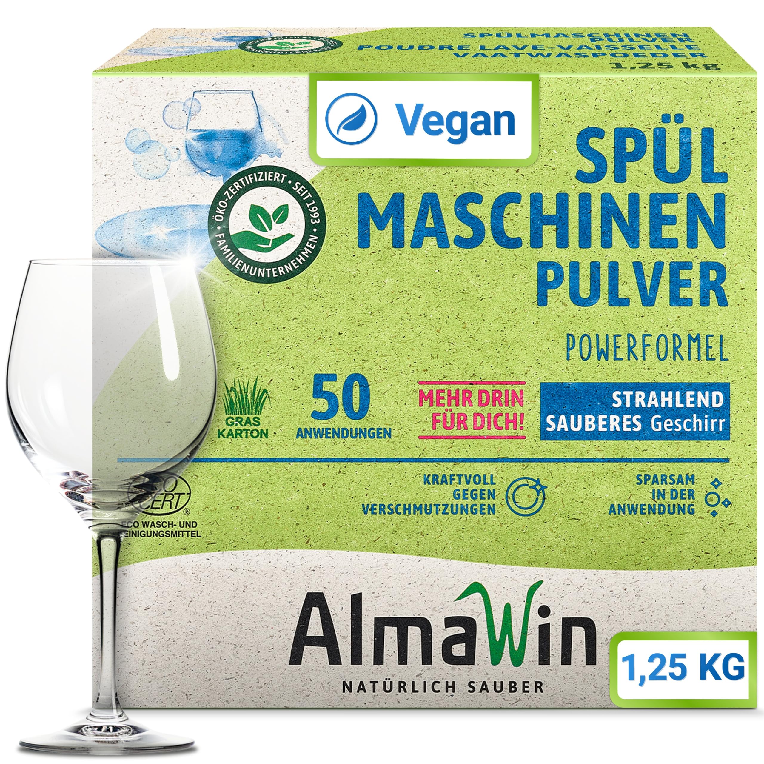 AlmaWin® Spülmaschinen Pulver mit Powerformel für strahlend sauberes Geschirr [6x 1,25kg - 300 Anwendungen] - Kraftvolles Geschirrspülmittel Pulver - Ohne Phosphate, Öko & VEGAN, Dishwasher Powder