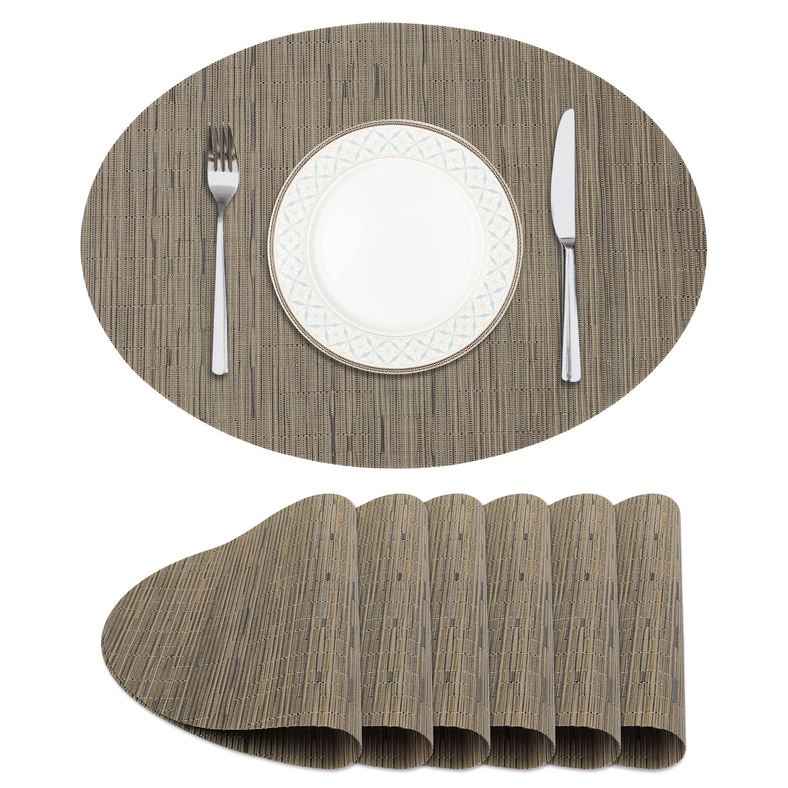 Privalace Braun Oval Platzsets Abwaschbar 6er Set,Tischsets PVC Geflochten,rutschfest Hitzebeständig Platzdeckchen für Küche Esszimmer