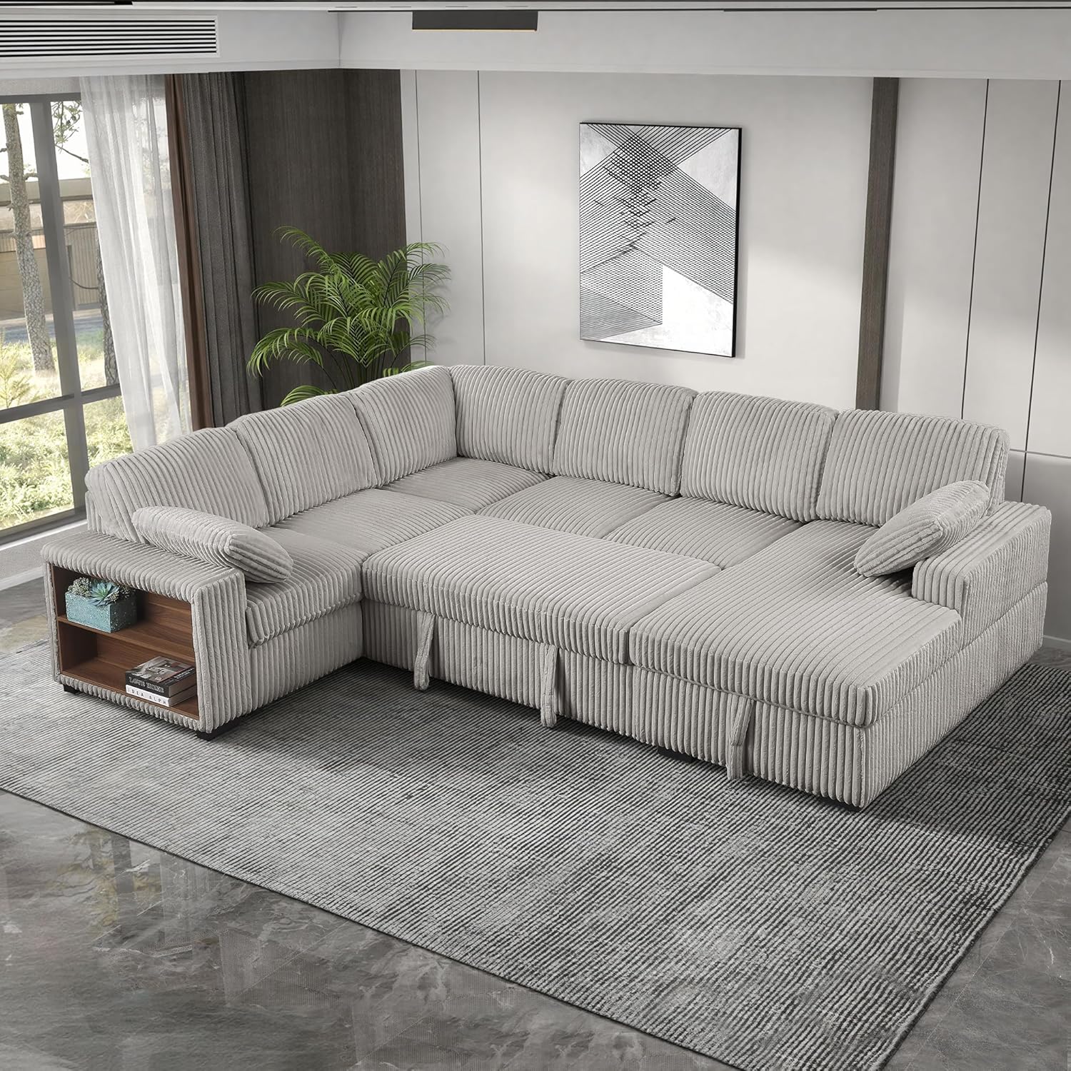 Eafurn Oversized U Shaped Convertible Sleeper Sectional Sofa w/Pull Out Couch Bed, 6 Seater Corduroy Upholstered Corner Lounge Sofa Couch Sleeper Sofabed w/Storage Chaise,Shelves