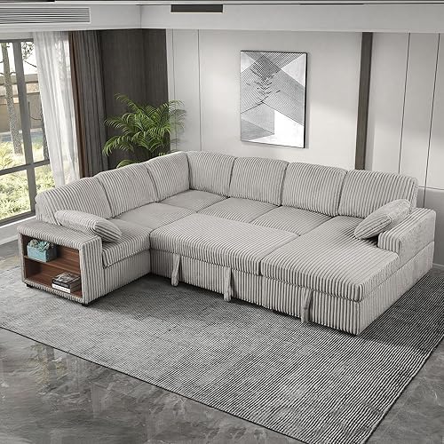 Eafurn Oversized U Shaped Convertible Sleeper Sectional Sofa w/Pull Out Couch Bed, 6 Seater Corduroy Upholstered Corner Lounge Sofa Couch Sleeper Sofabed w/Storage Chaise,Shelves