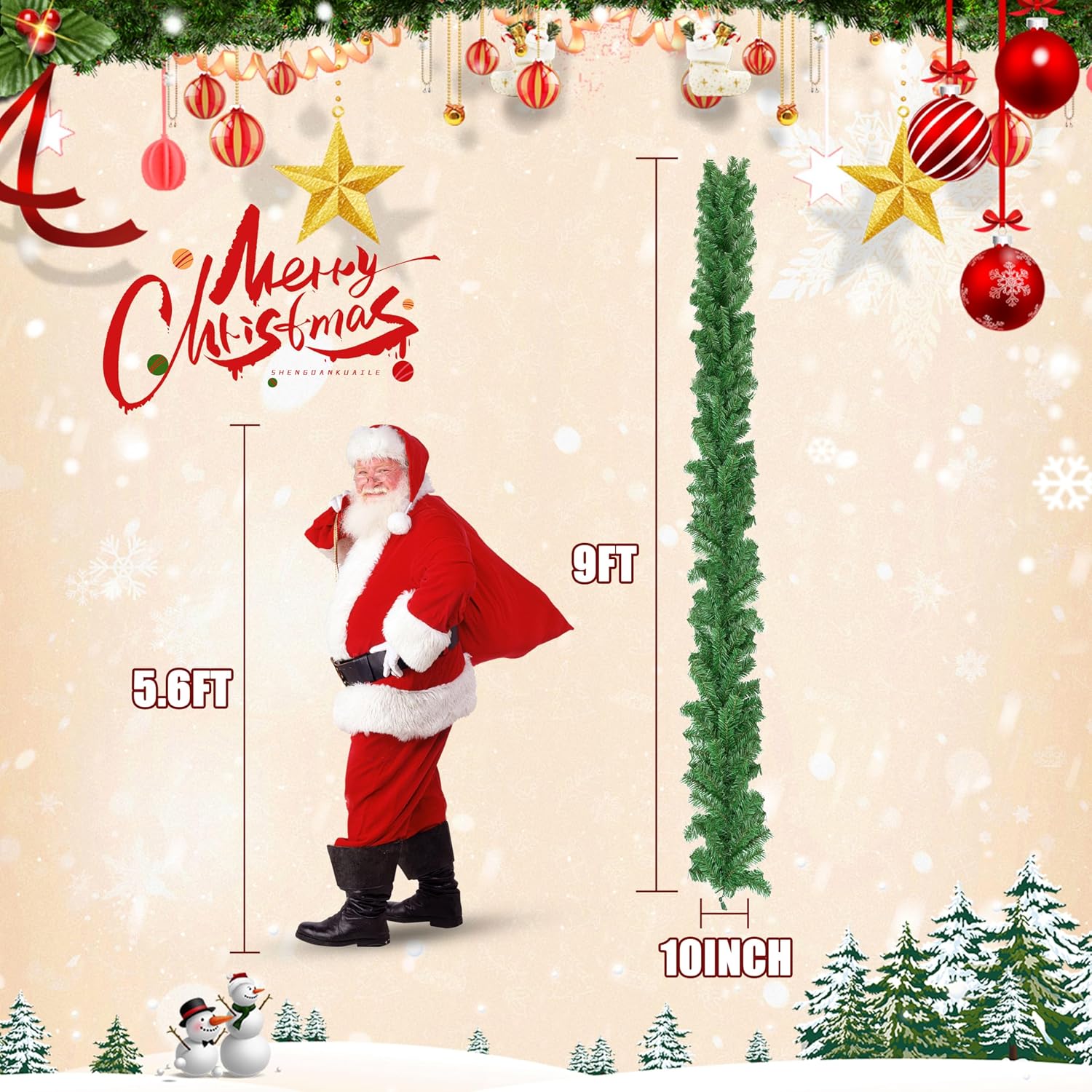 LAMPHOME 9 Feet X10''PVC Garland, 220Tips Christmas Garland for Christmas Decorations, Non-Lit Green Holiday Decor for Outdoor or Indoor Use, Home Garden Artificial Greenery or Wedding Party