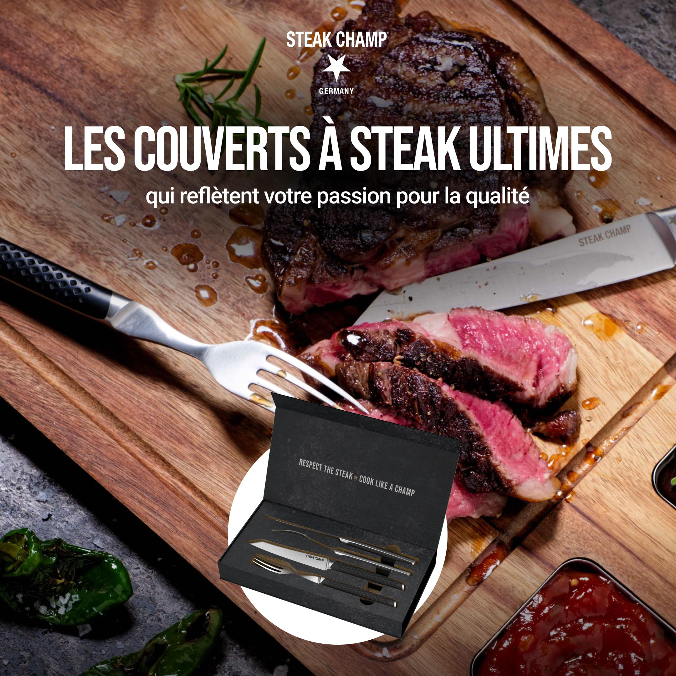 Steak Champ Set de Couverts Prime Rib: 2 couteaux & 2 fourchettes à steak en acier, poignées antidérapantes, design élégant, lame de 12,5 cm, idéal pour filet & ribeye, inclus boîte cadeau, 4 pièces