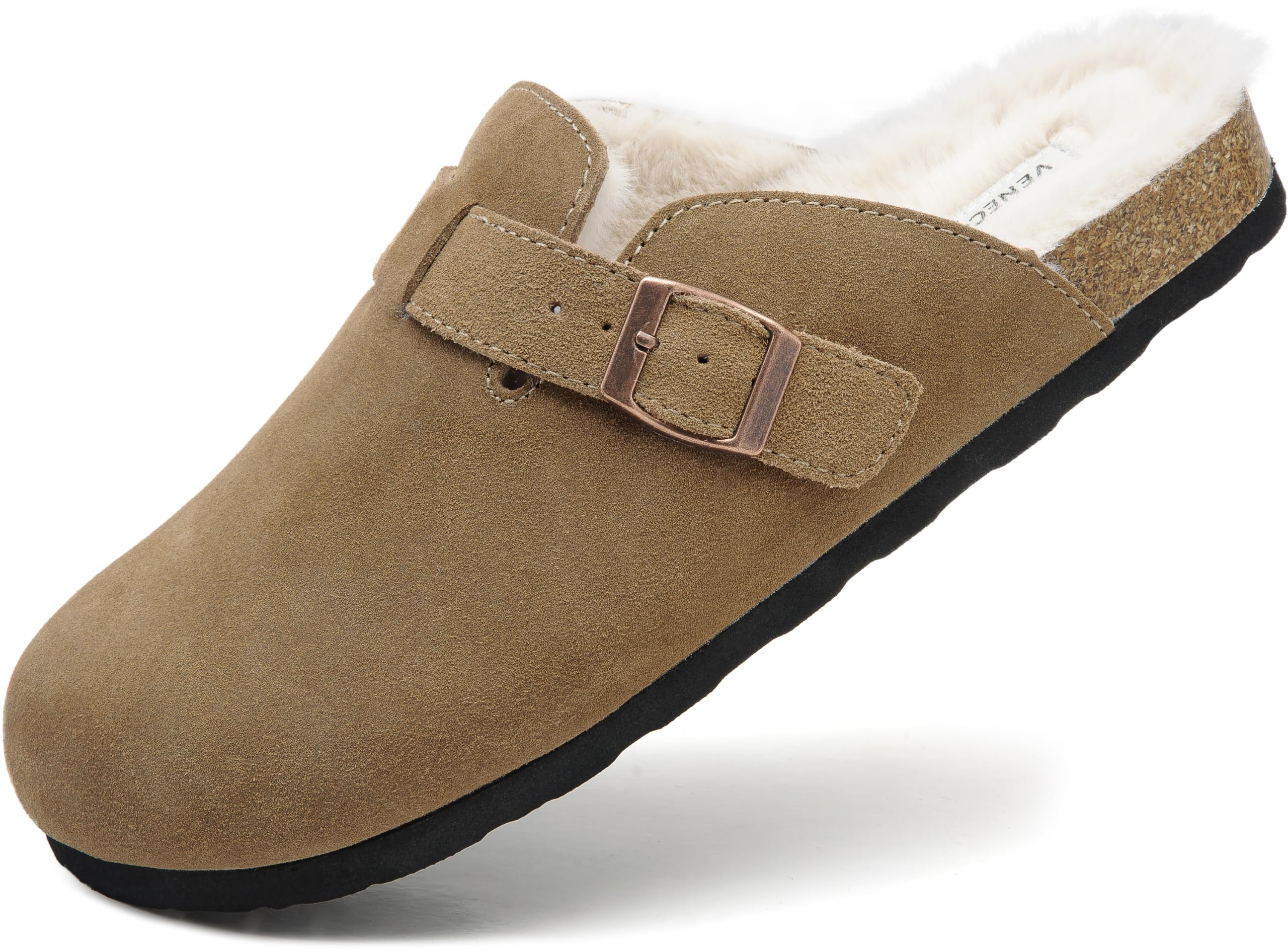 VENECORE Erica Women's Cork Footbed Clogs Genuine Soft Suede Fuzzy Faux Fur Lined Comfort Cushioned Mule Slide Shoes