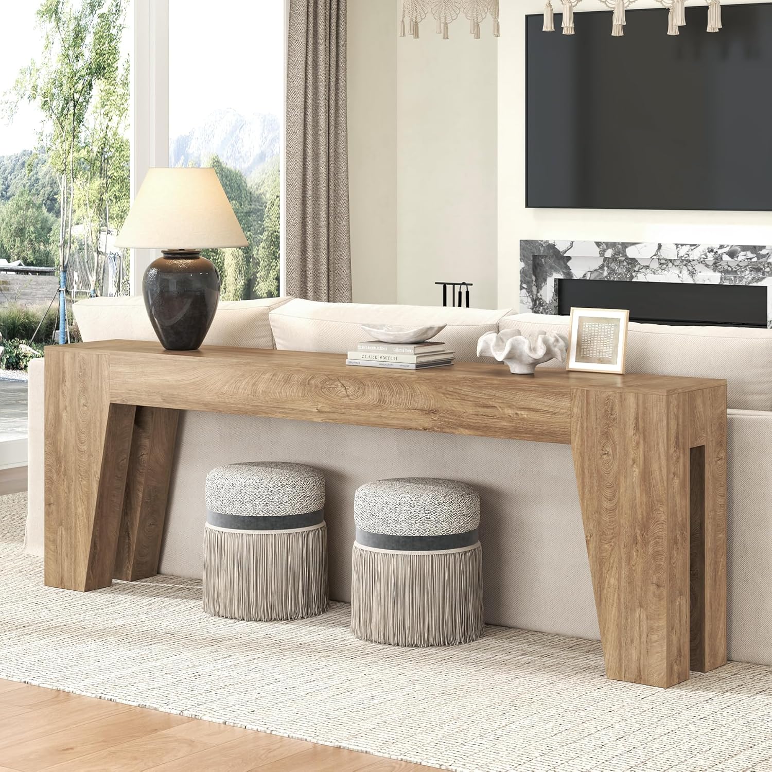 86.75" Extra Long Console Table with Open Framework for Entryway, Natural Wood Style Sofa Table with Double Column Tilt Design, Large Bottom Space Couch Table for Living Room Hallway, Rustic Brown