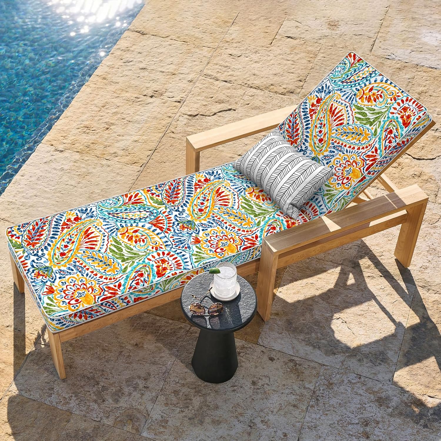 LVTXIII Outdoor Chaise Lounge Cushion 72x21x3 Inch, Water-Repellent Patio Seat Cushion with Ties & Hidden Zipper, Thick Foam Pad for Lawn Chair, Poolside, Patio Furniture, Paisley Multi