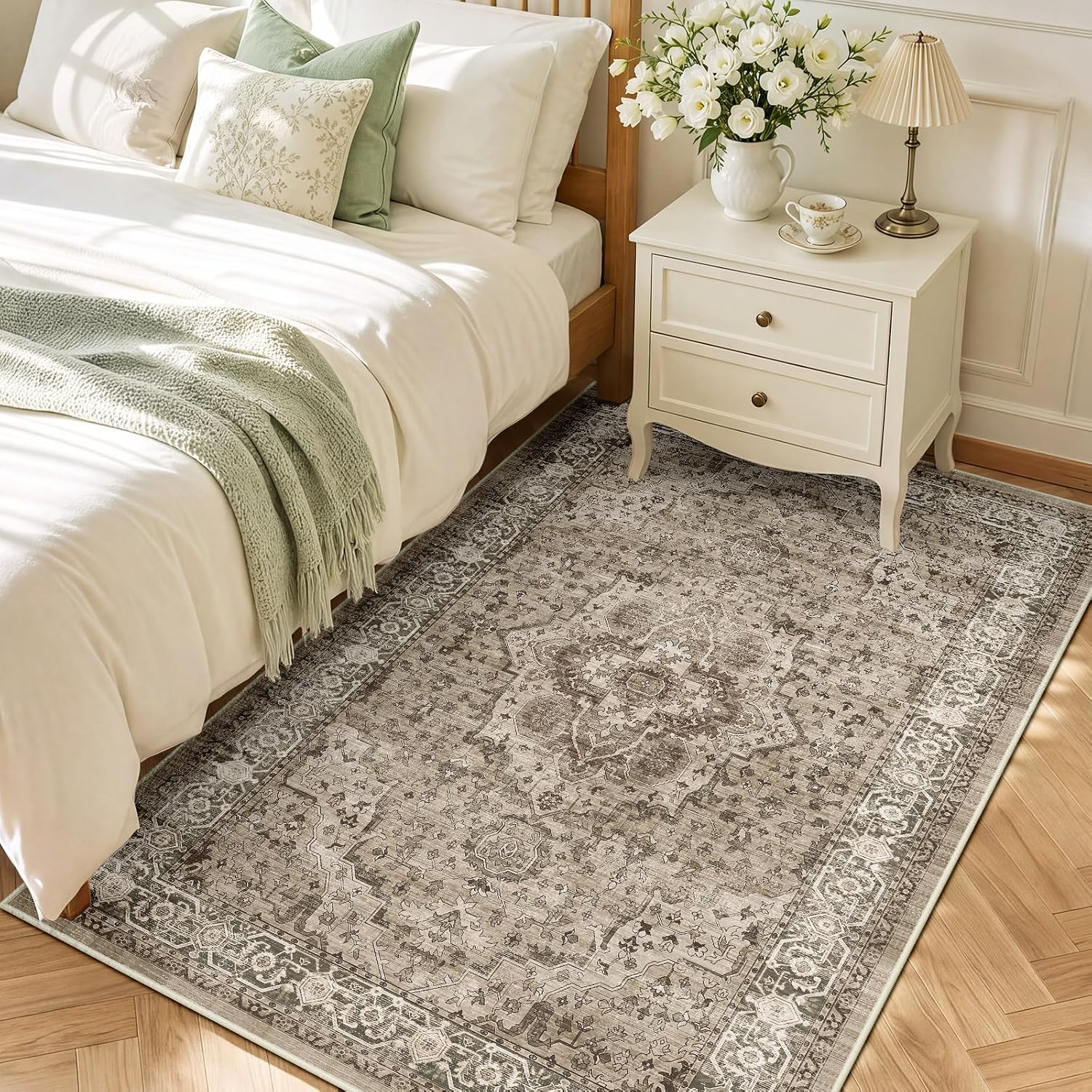  5x7 Area Rug Living Room, Vintage Washable Carpet Brown thumbnail