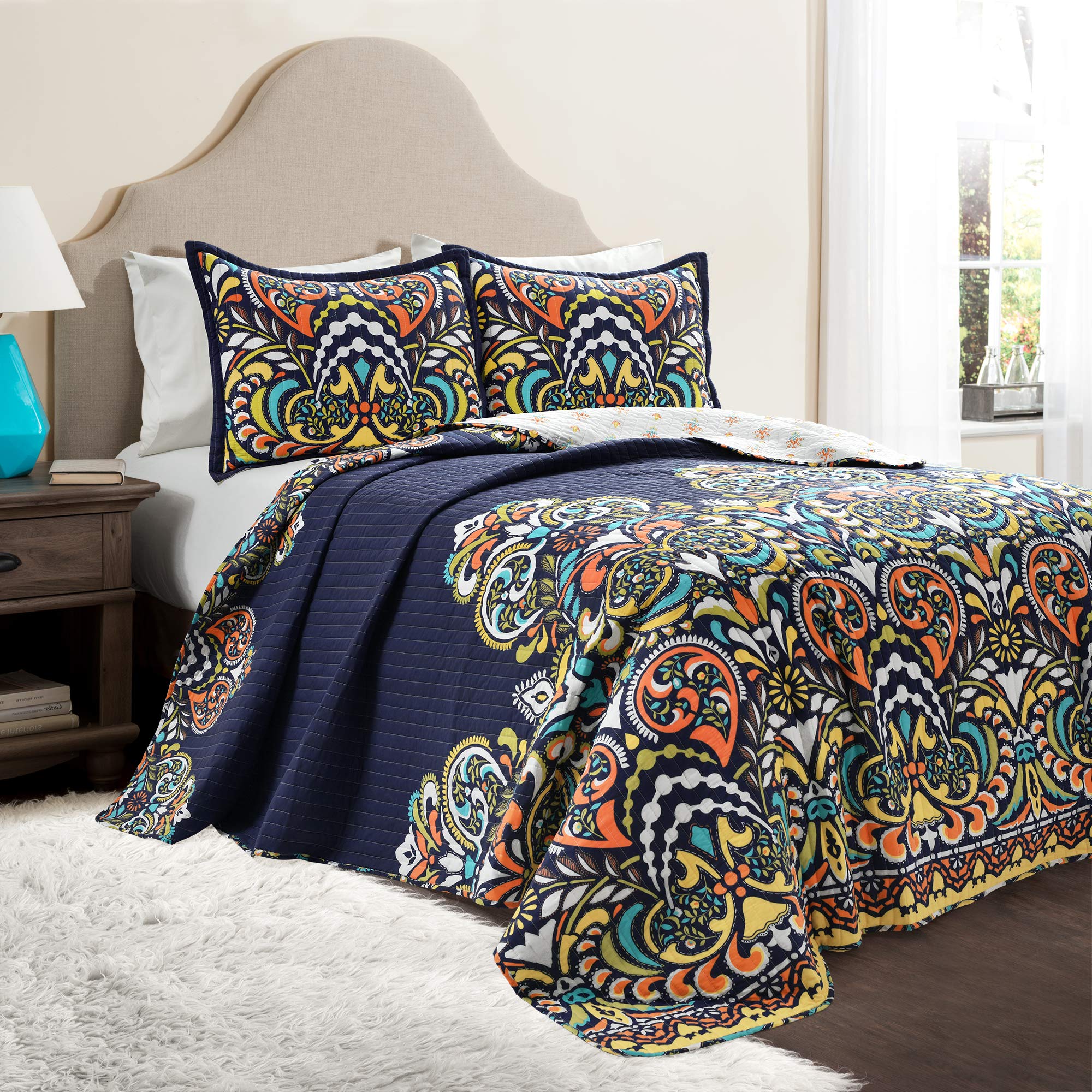 Lush Decor Clara Quilt 3 Piece Reversible Bedding Set, King, Navy