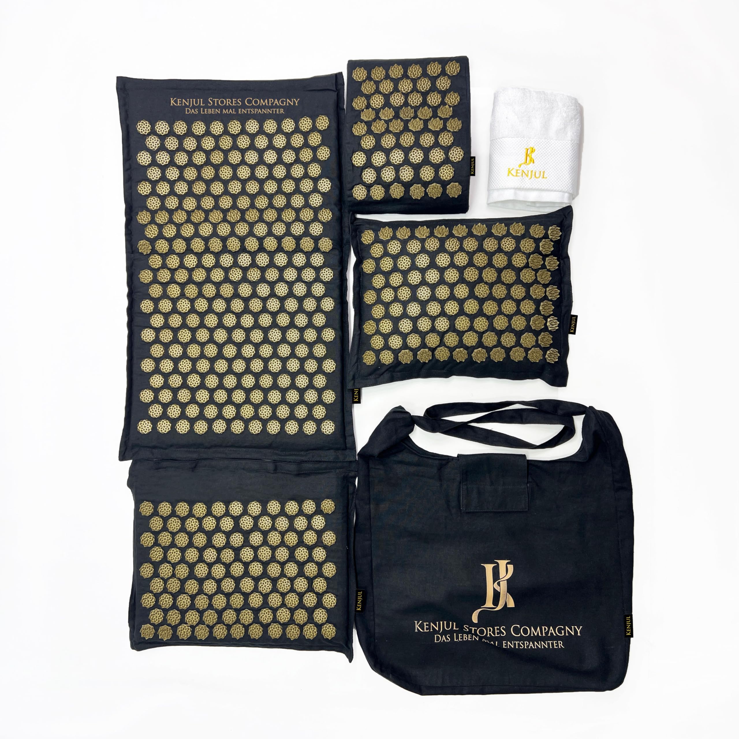 Akupressurmatte XXL (6-teilig) mit ergonomischem Kissen & Wärmfunktion – Ganzkörpermassage zur Linderung von Verspannungen, Rücken- und Nackenschmerzen inkl. Tasche & Anleitung (Schwarz-Gold)