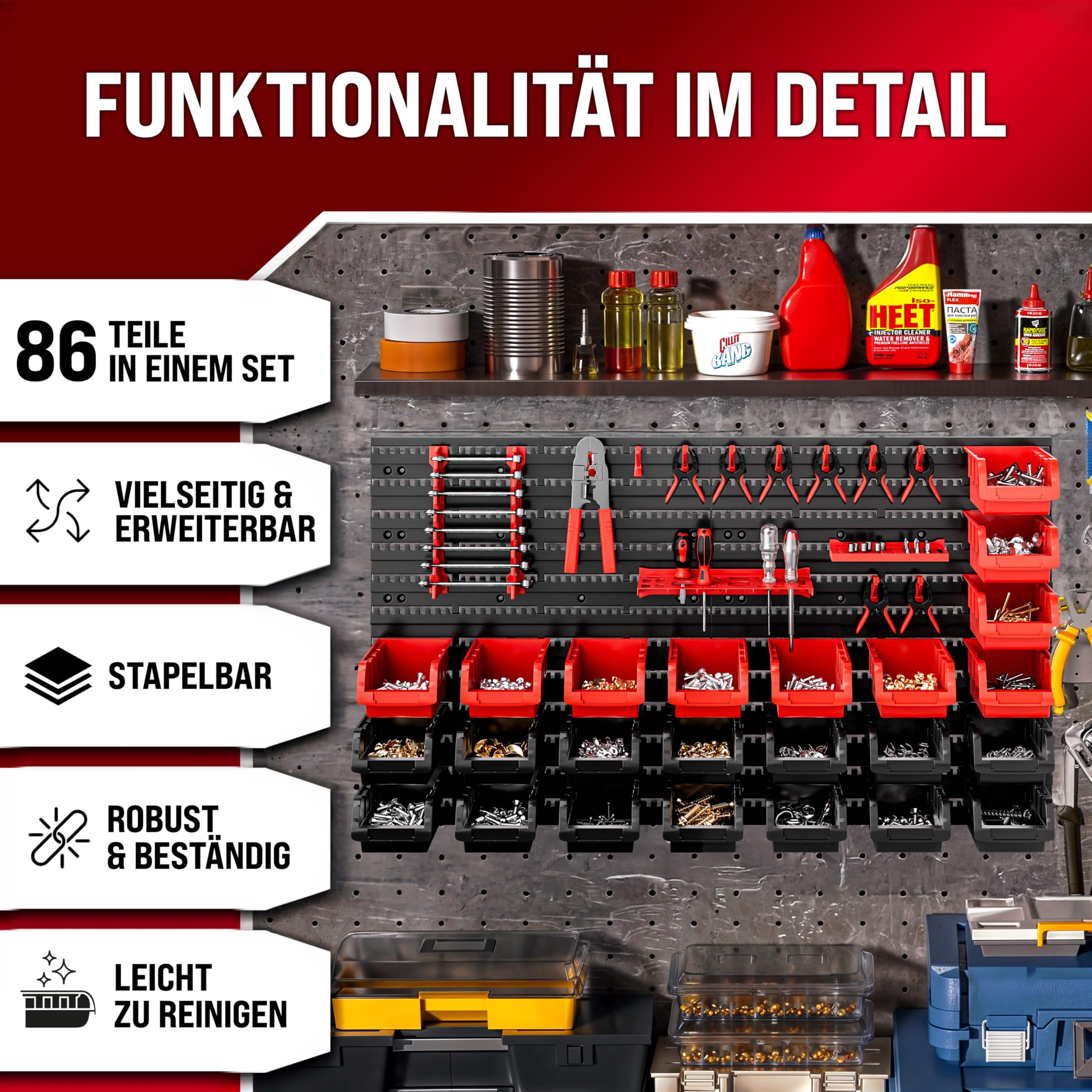DEUBA® Wandregal mit Stapelboxen und Werkzeughalter 86 tlg Box Erweiterbar Werkstattregal Werkzeuglochwand