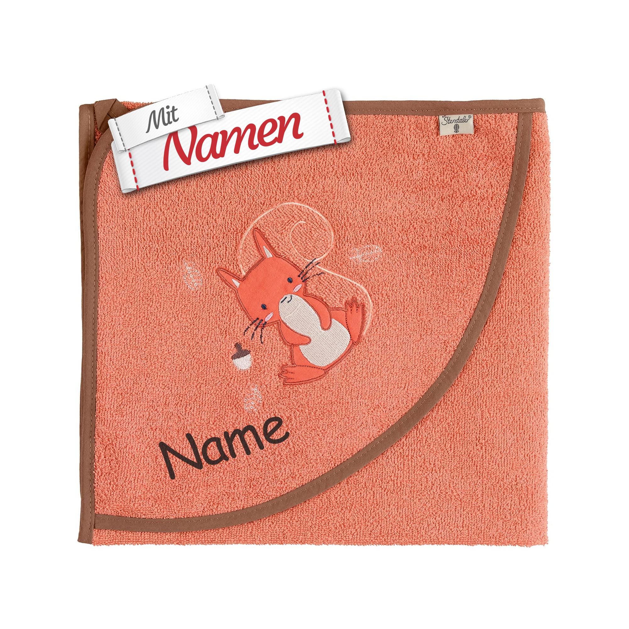 Sterntaler Kapuzenhandtuch Enna Eichhörnchen, mit Namen Bestickt, Babygeschenk zur Geburt & Taufe, Babybadetuch Kapuzenbadetuch, Badehandtuch Kinder, Badetuch 100x100
